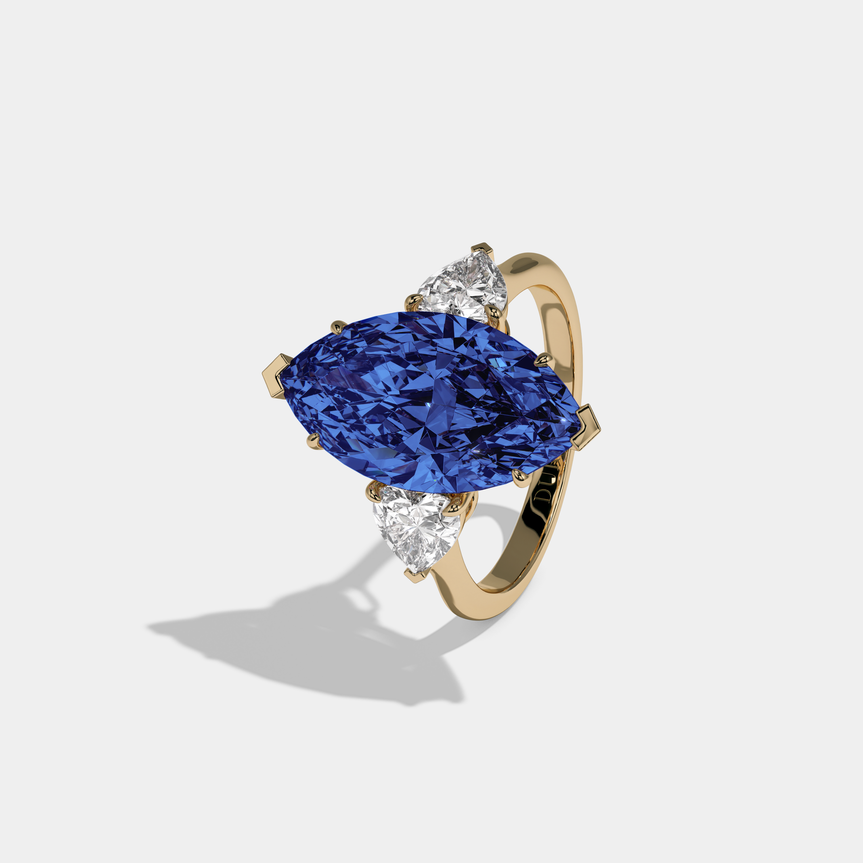 Mary Fancy Dark Blue Marquise Cut Diamond Plain Band With Heart Cut Sides Engagement Ring 8ct 18K Yellow Gold