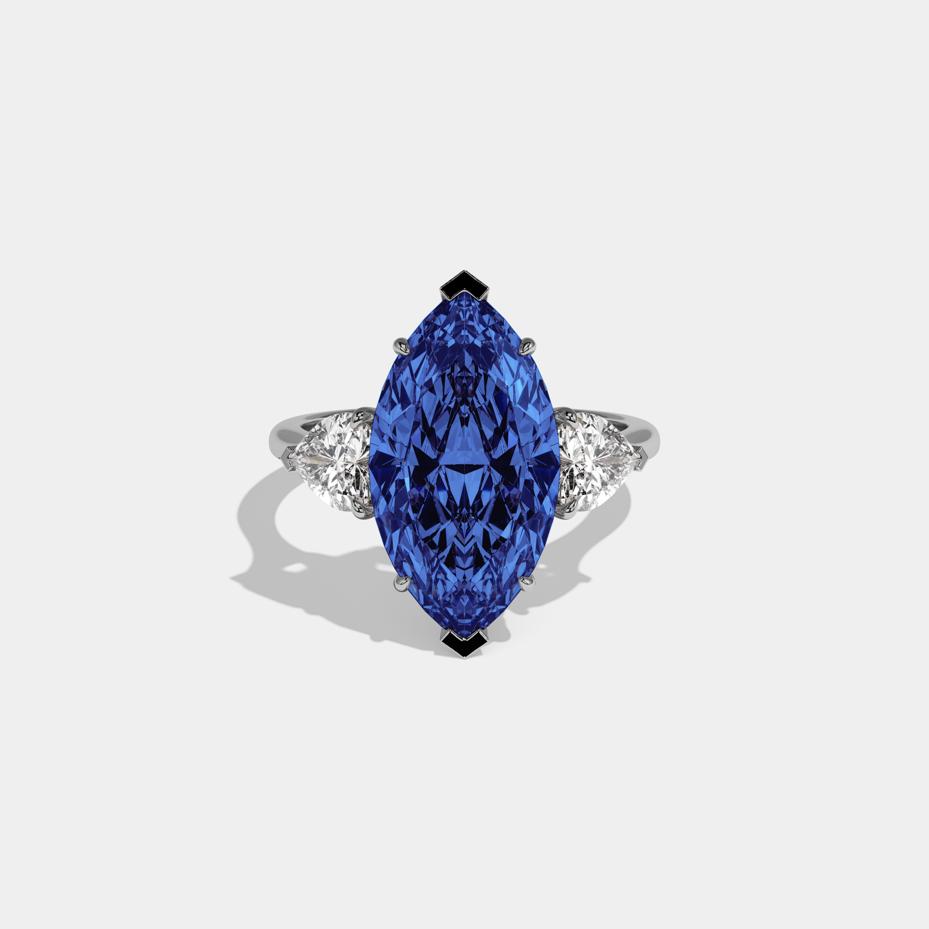 Sophia Fancy Dark Blue Marquise Cut Diamond Plain Band With Heart Cut Sides Engagement Ring 8ct 18K White Gold