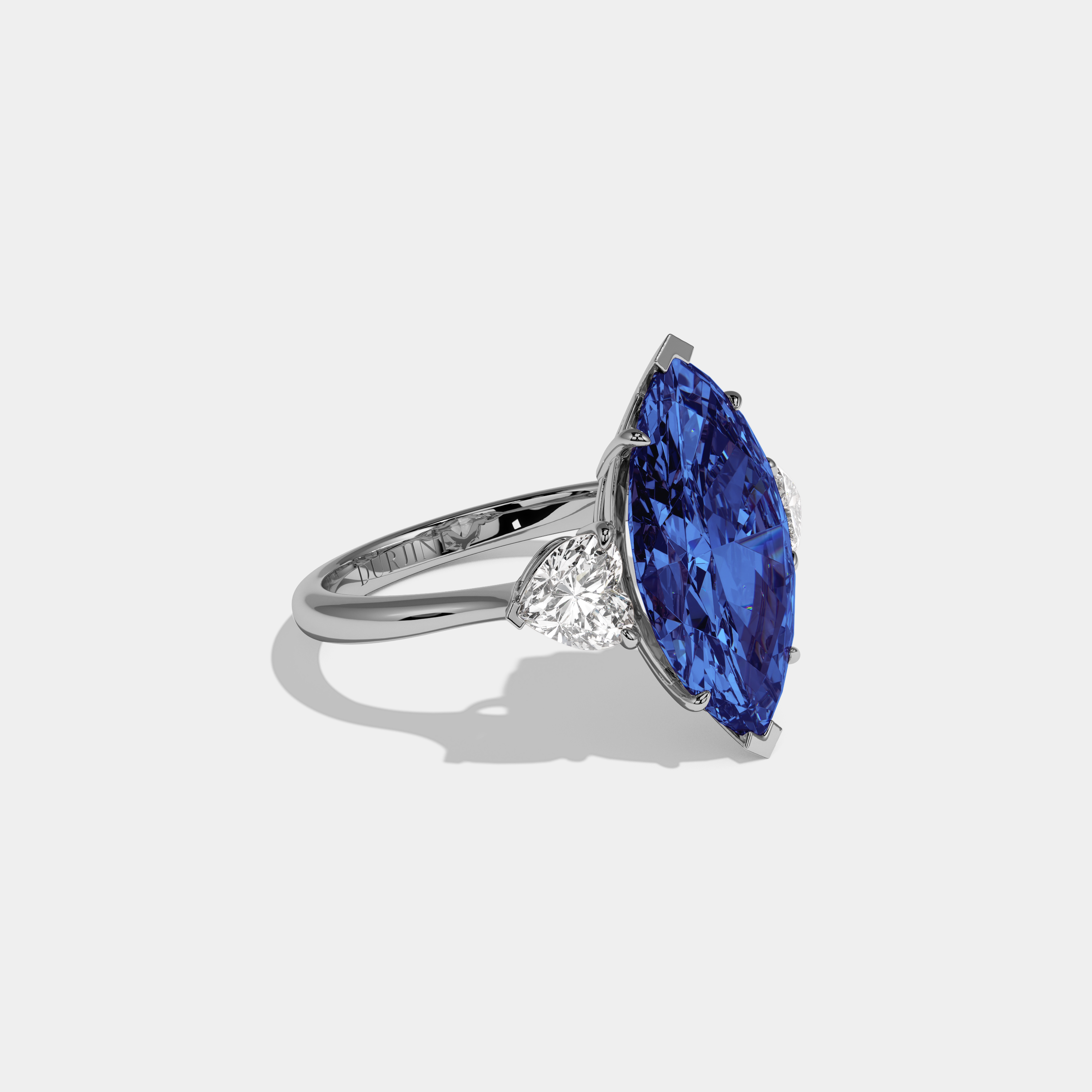 Sophia Fancy Dark Blue Marquise Cut Diamond Plain Band With Heart Cut Sides Engagement Ring 8ct 18K White Gold