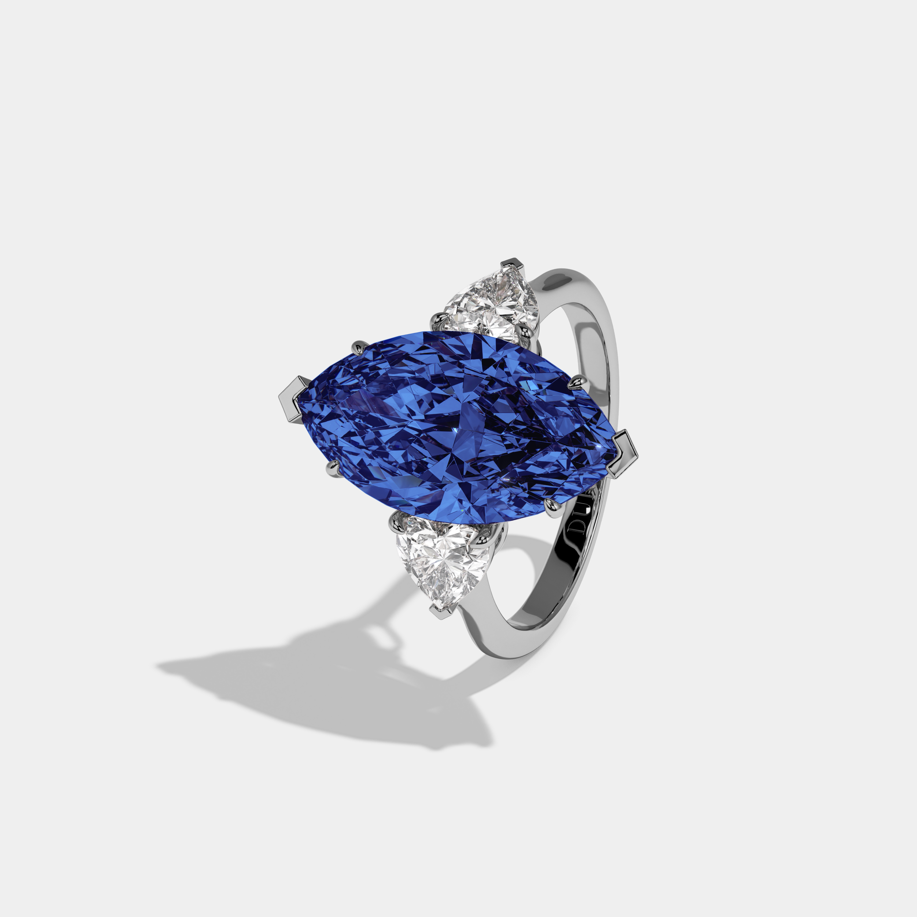 Sophia Fancy Dark Blue Marquise Cut Diamond Plain Band With Heart Cut Sides Engagement Ring 8ct 18K White Gold