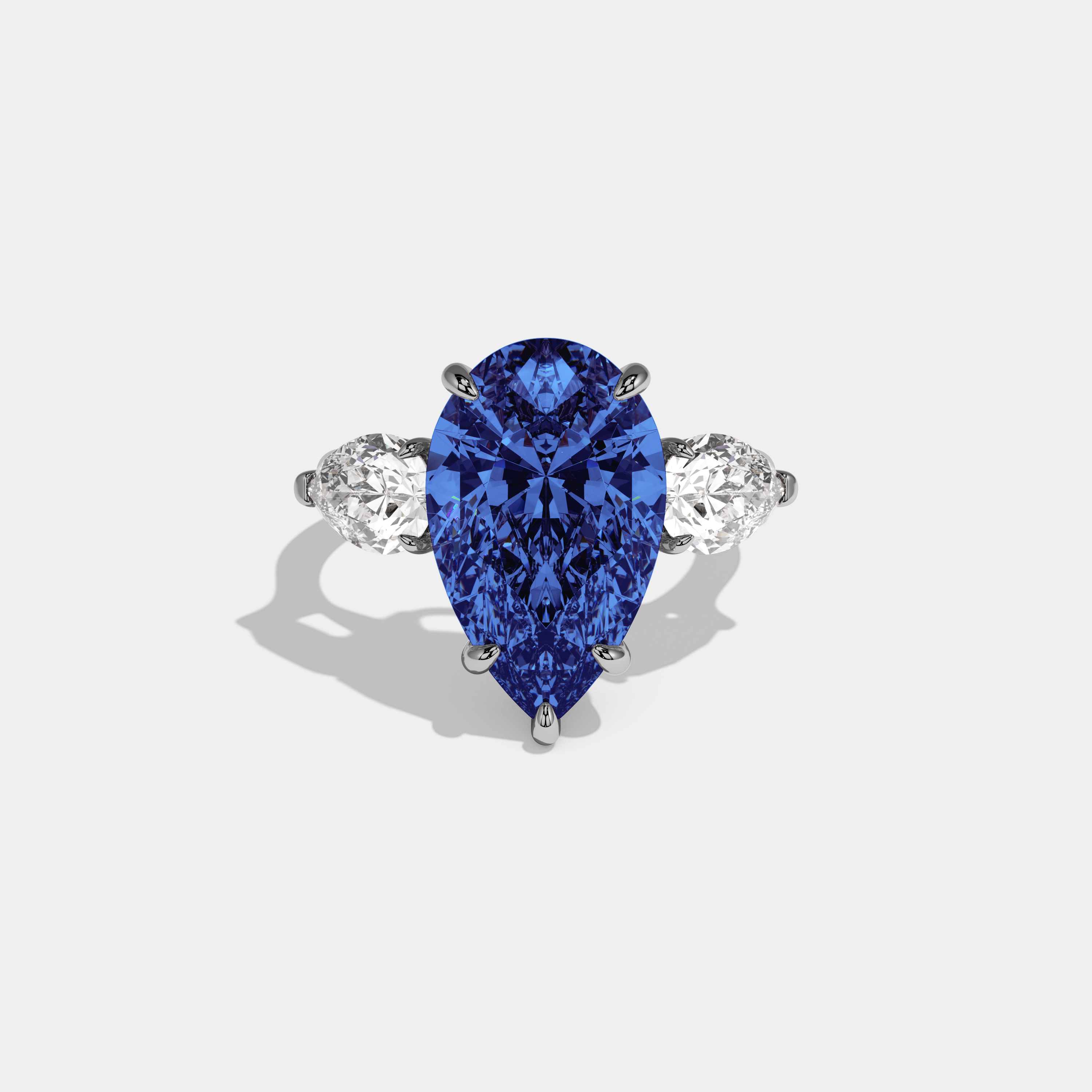 Mary Fancy Dark Blue Pear Cut Diamond Plain Band With Pear Cut Sides Engagement Ring 8ct 18k White Gold