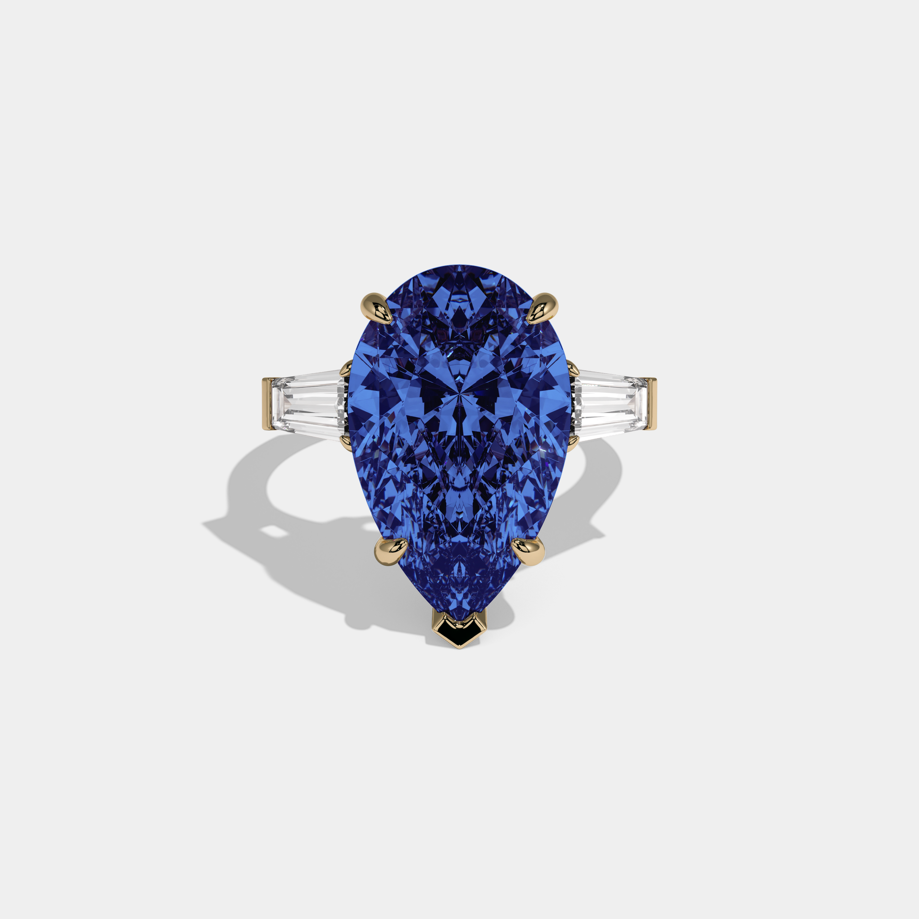 Anne Fancy Dark Blue Pear Cut Diamond Plain Band With Baguette Cut Sides Engagement Ring 8ct 18k Yellow Gold