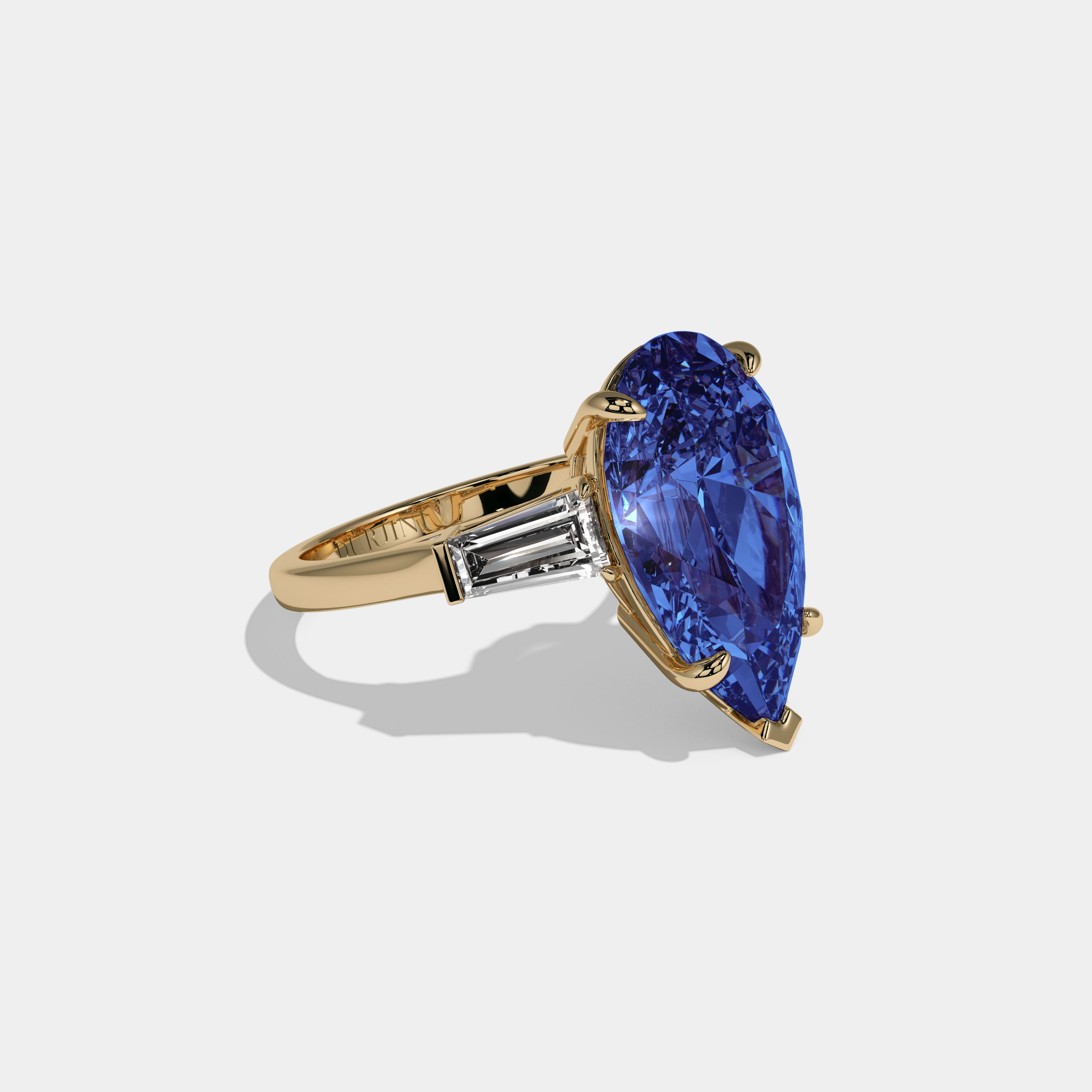 Anne Fancy Dark Blue Pear Cut Diamond Plain Band With Baguette Cut Sides Engagement Ring 8ct 18k Yellow Gold