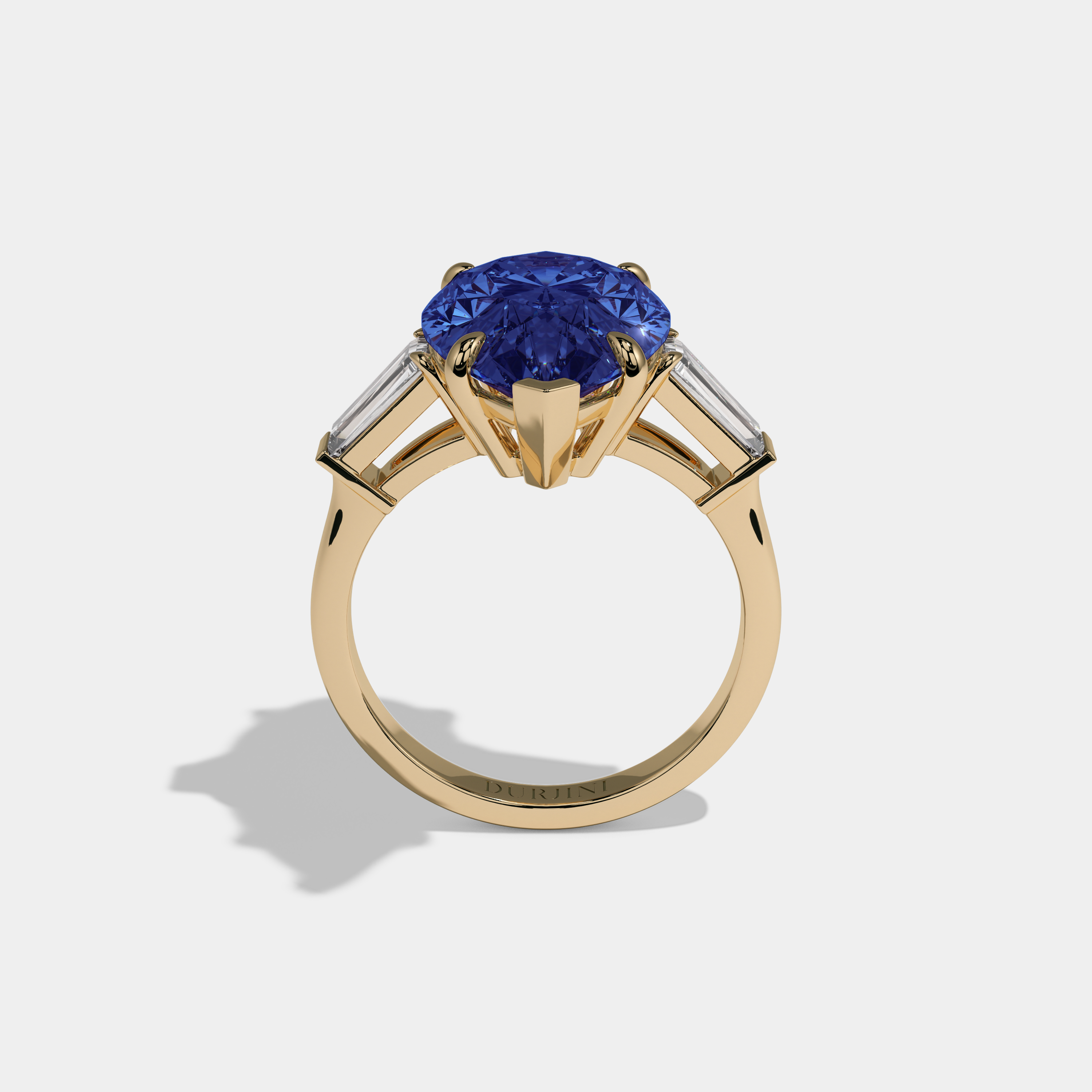 Anne Fancy Dark Blue Pear Cut Diamond Plain Band With Baguette Cut Sides Engagement Ring 8ct 18k Yellow Gold