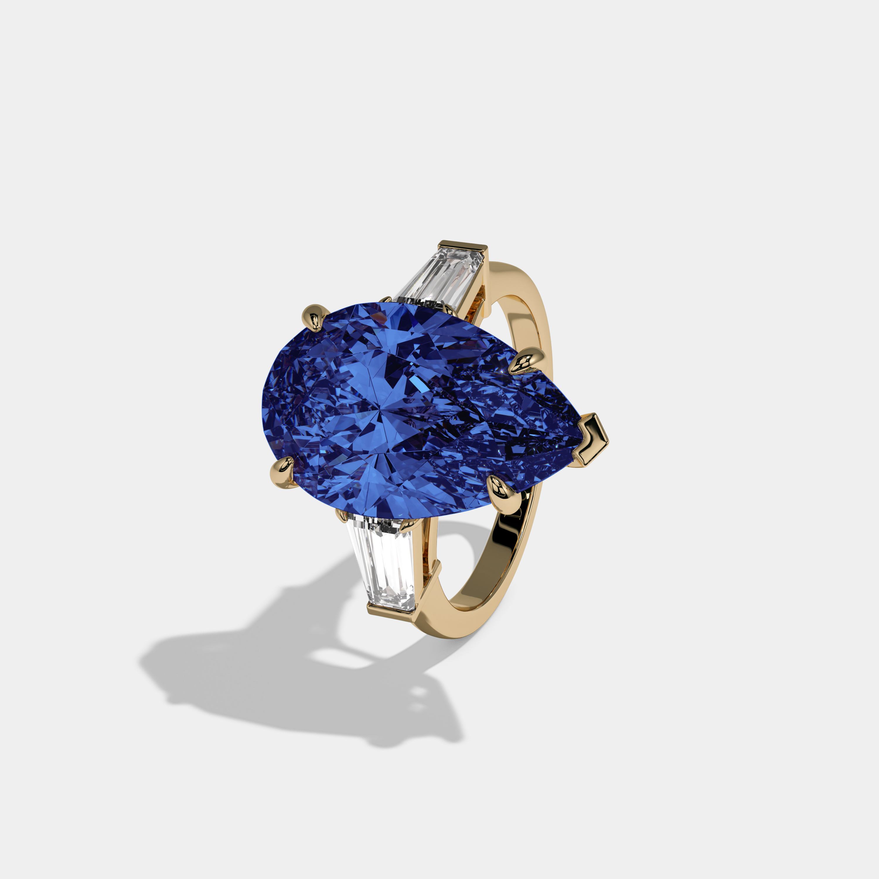 Anne Fancy Dark Blue Pear Cut Diamond Plain Band With Baguette Cut Sides Engagement Ring 8ct 18k Yellow Gold