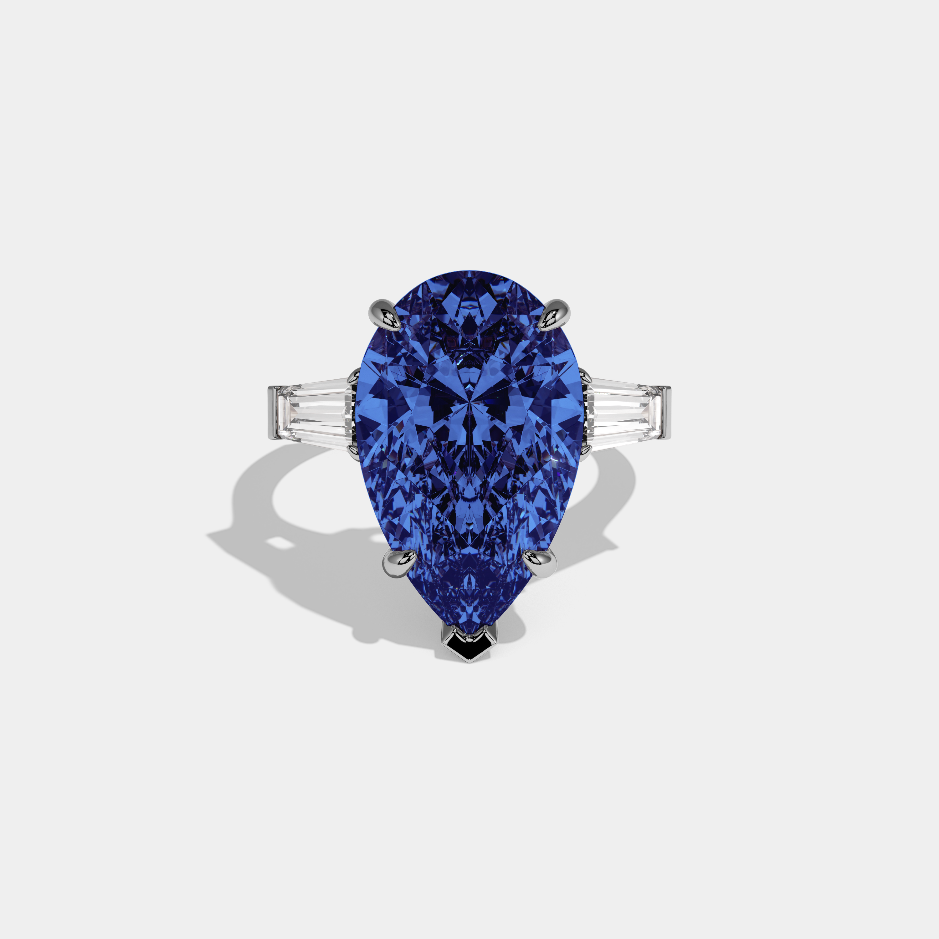 Mary Fancy Dark Blue Pear Cut Diamond Plain Band With Baguette Cut Sides Engagement Ring 8ct 18k White Gold