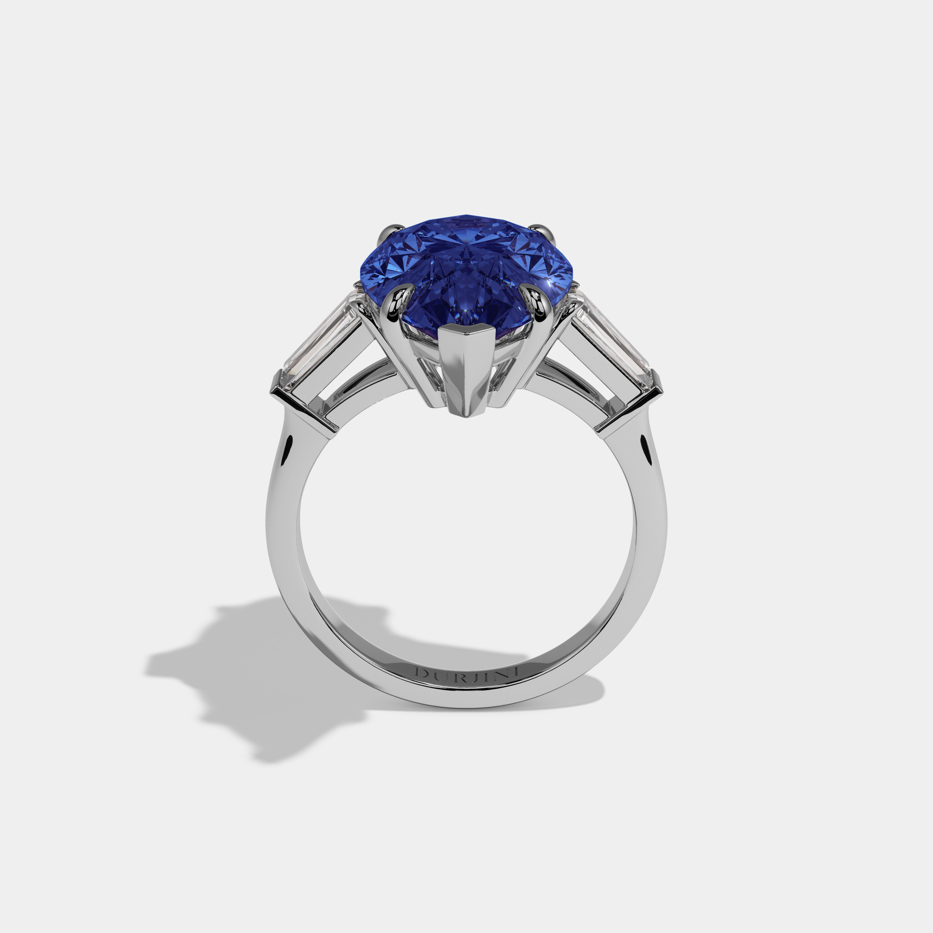Mary Fancy Dark Blue Pear Cut Diamond Plain Band With Baguette Cut Sides Engagement Ring 8ct 18k White Gold