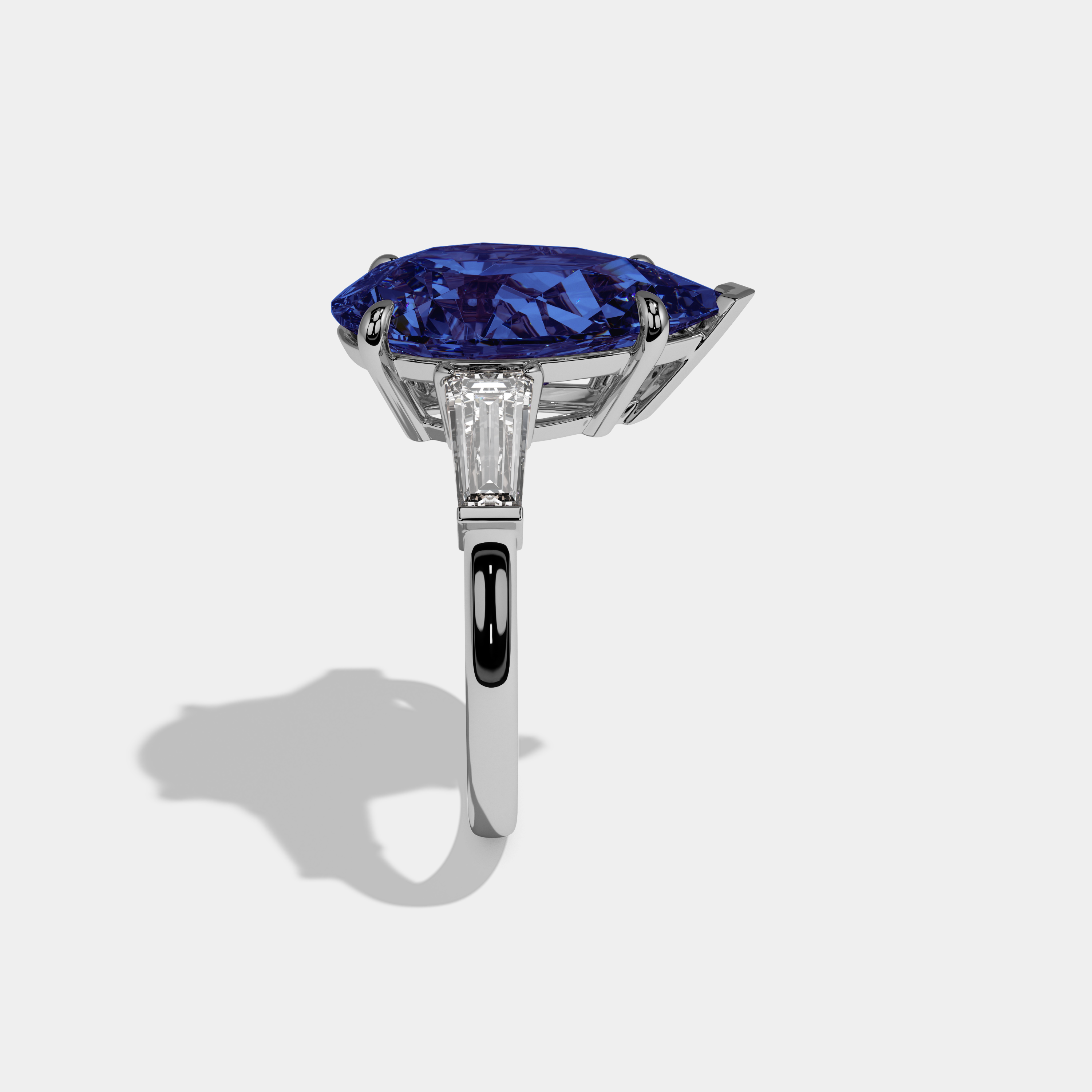 Mary Fancy Dark Blue Pear Cut Diamond Plain Band With Baguette Cut Sides Engagement Ring 8ct 18k White Gold