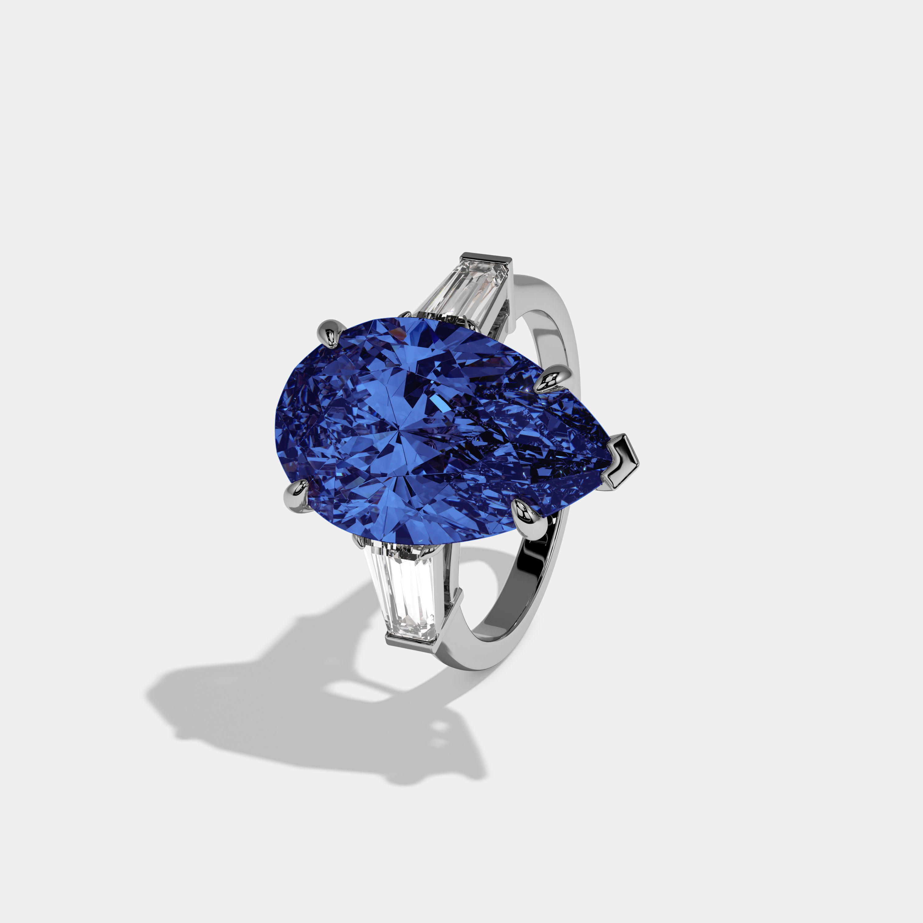 Mary Fancy Dark Blue Pear Cut Diamond Plain Band With Baguette Cut Sides Engagement Ring 8ct 18k White Gold
