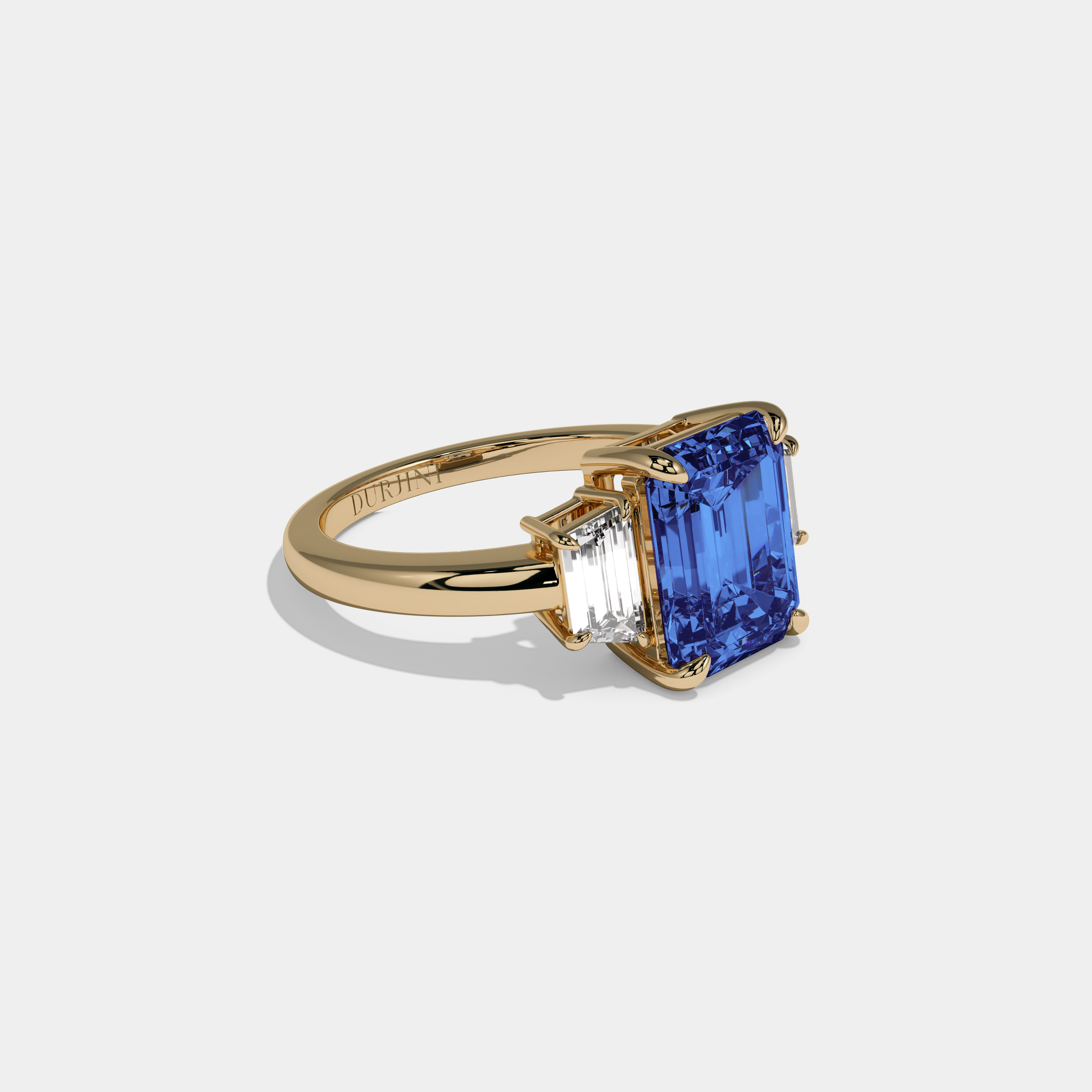Anne Fancy Dark Blue Emerald Cut Diamond Plain Band With Step Cut Sides Engagement Ring 8ct 18k Yellow Gold