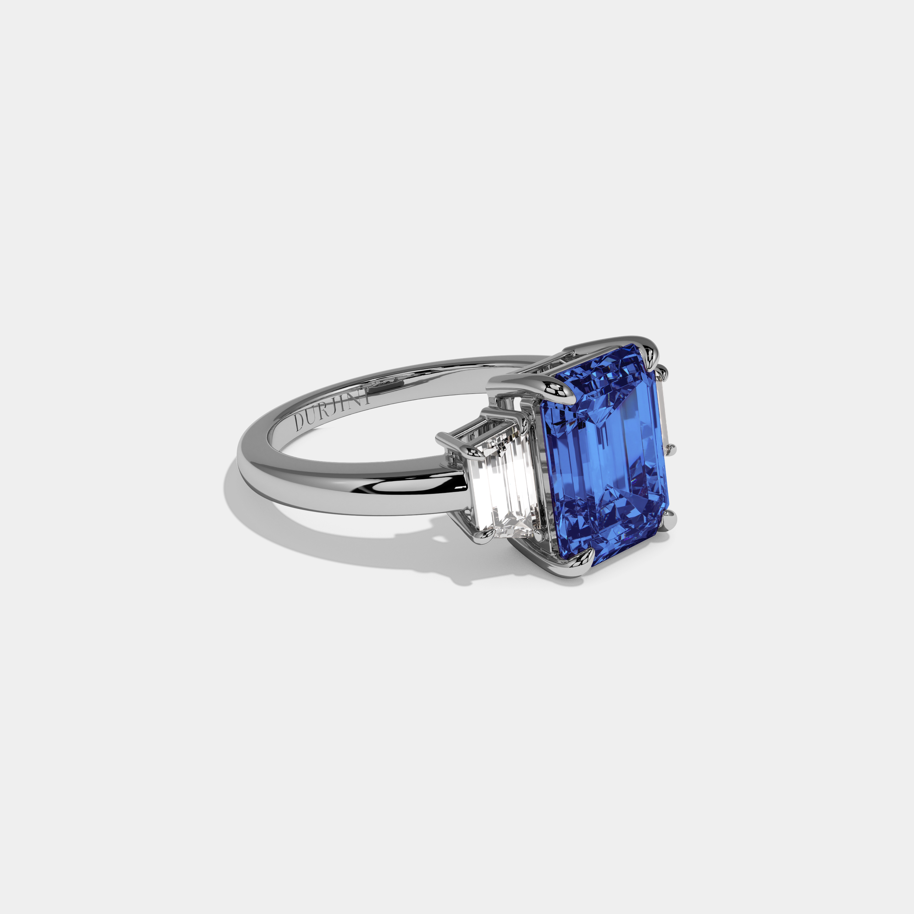 Mary Fancy Dark Blue Emerald Cut Diamond Plain Band With Step Cut Sides Engagement Ring 8ct 18k White Gold