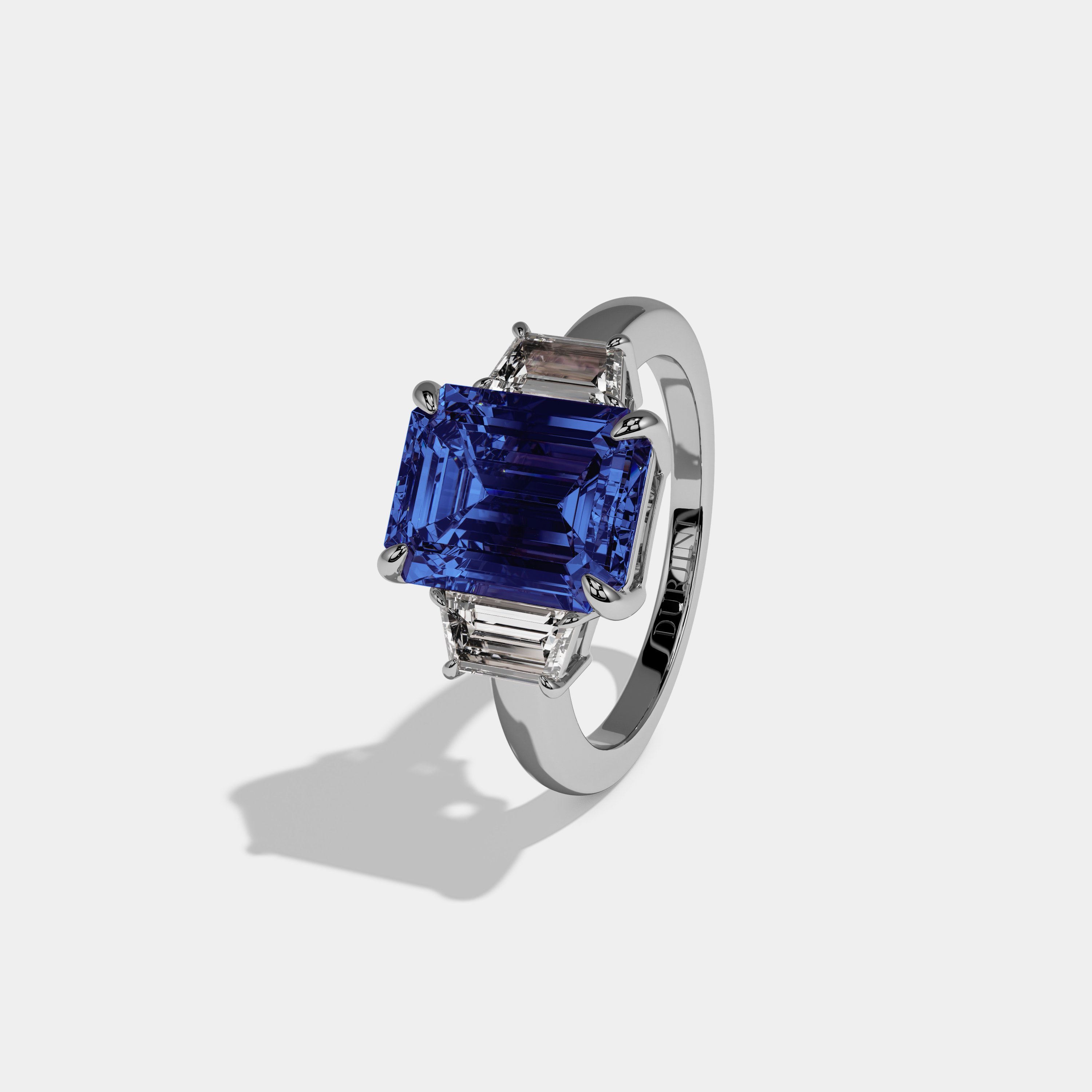 Mary Fancy Dark Blue Emerald Cut Diamond Plain Band With Step Cut Sides Engagement Ring 8ct 18k White Gold