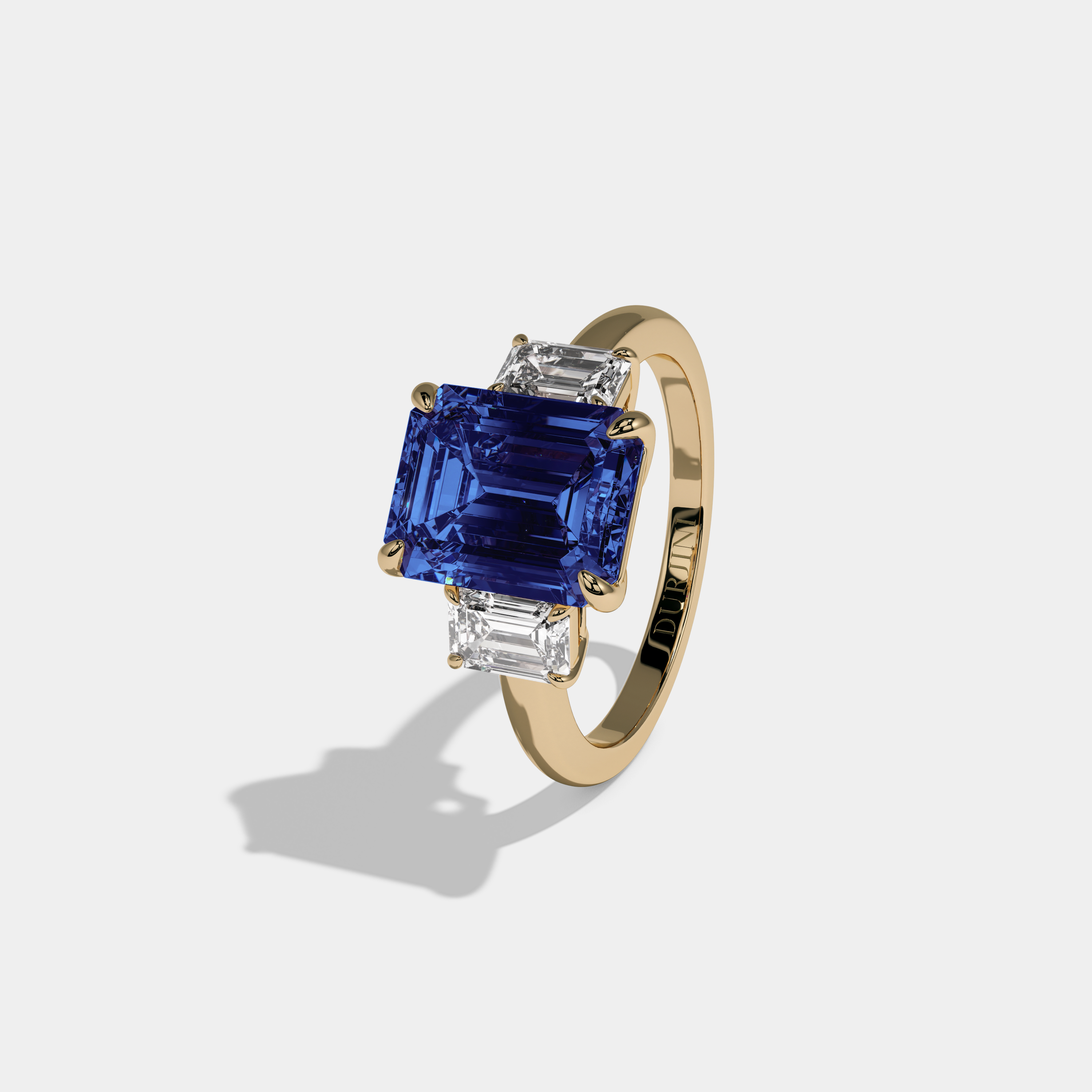Anne Fancy Dark Blue Emerald Cut Diamond Plain Band With Emerald Cut Sides Engagement Ring 8ct 18k Yellow Gold