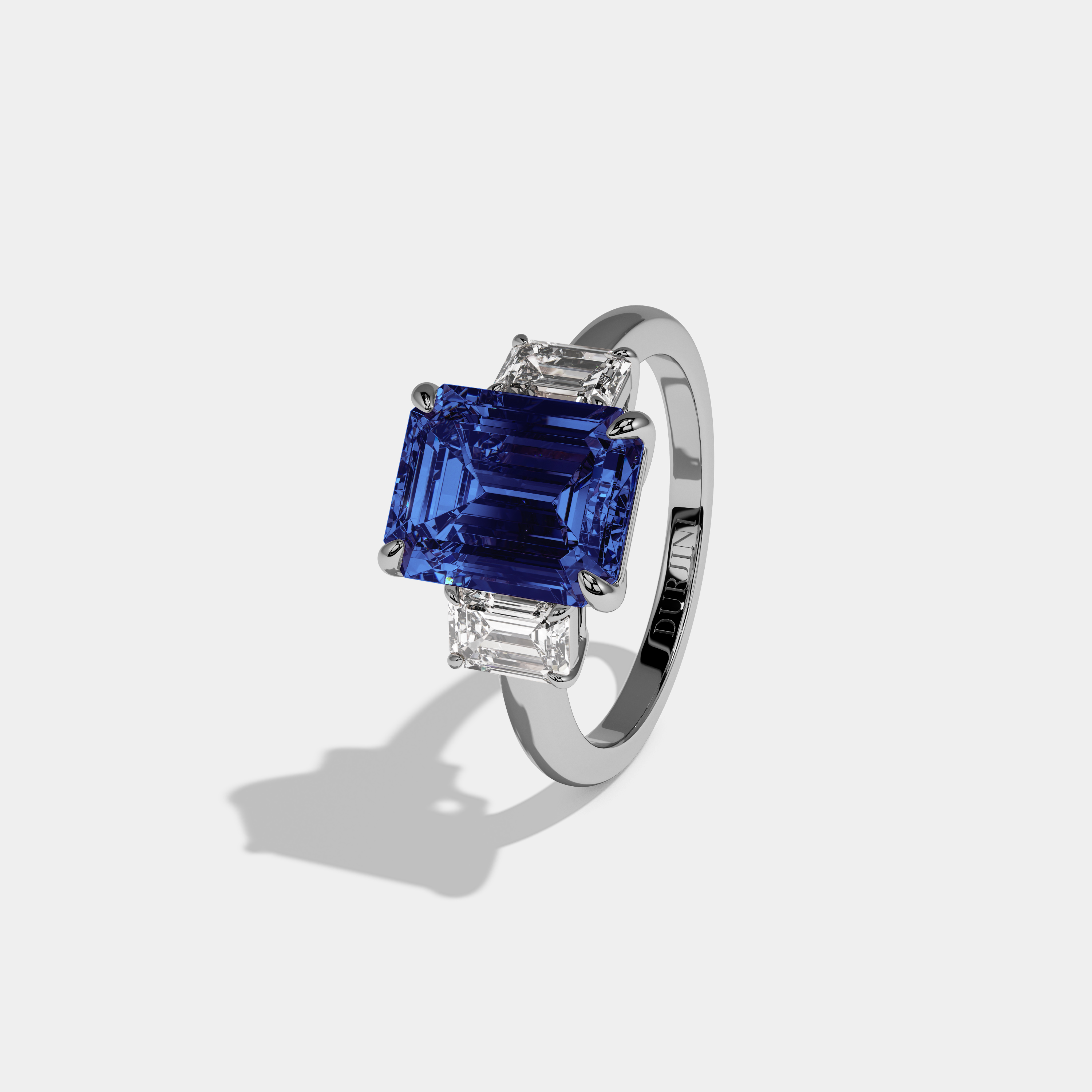 Mary Fancy Dark Blue Emerald Cut Diamond Plain Band With Emerald Cut Sides Engagement Ring 8ct 18k White Gold