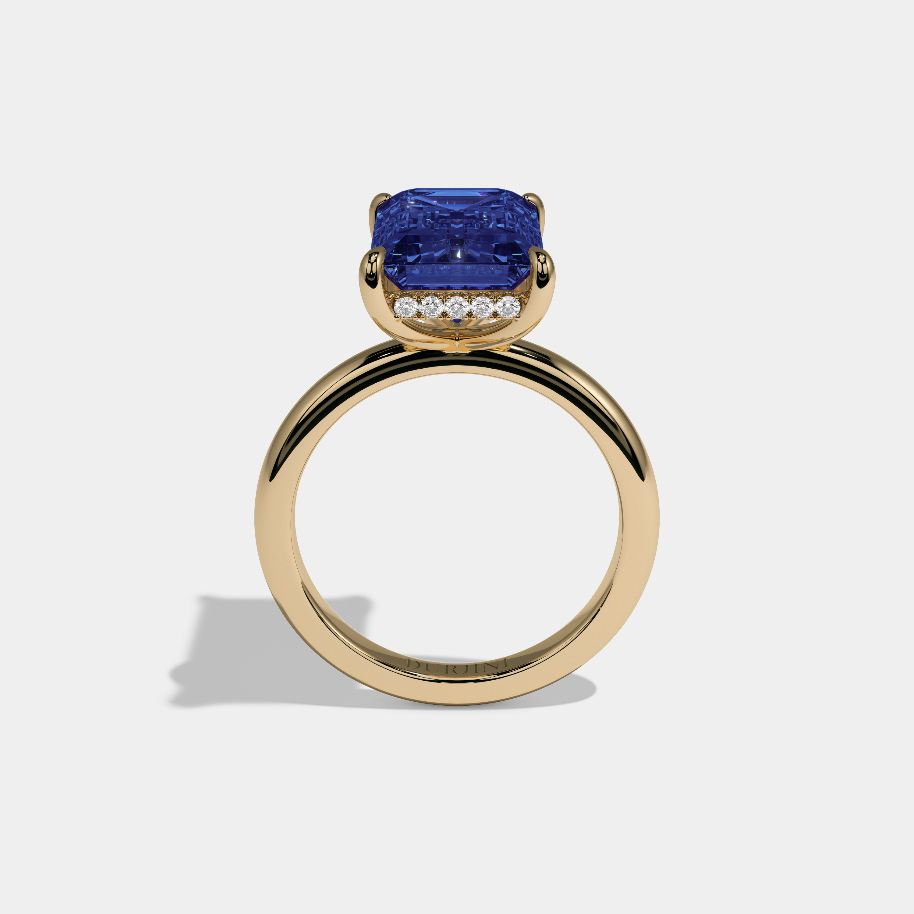 Augusta Fancy Dark Blue Emerald Cut Diamond Plain Band Engagement Ring 6.5ct 18K Yellow Gold