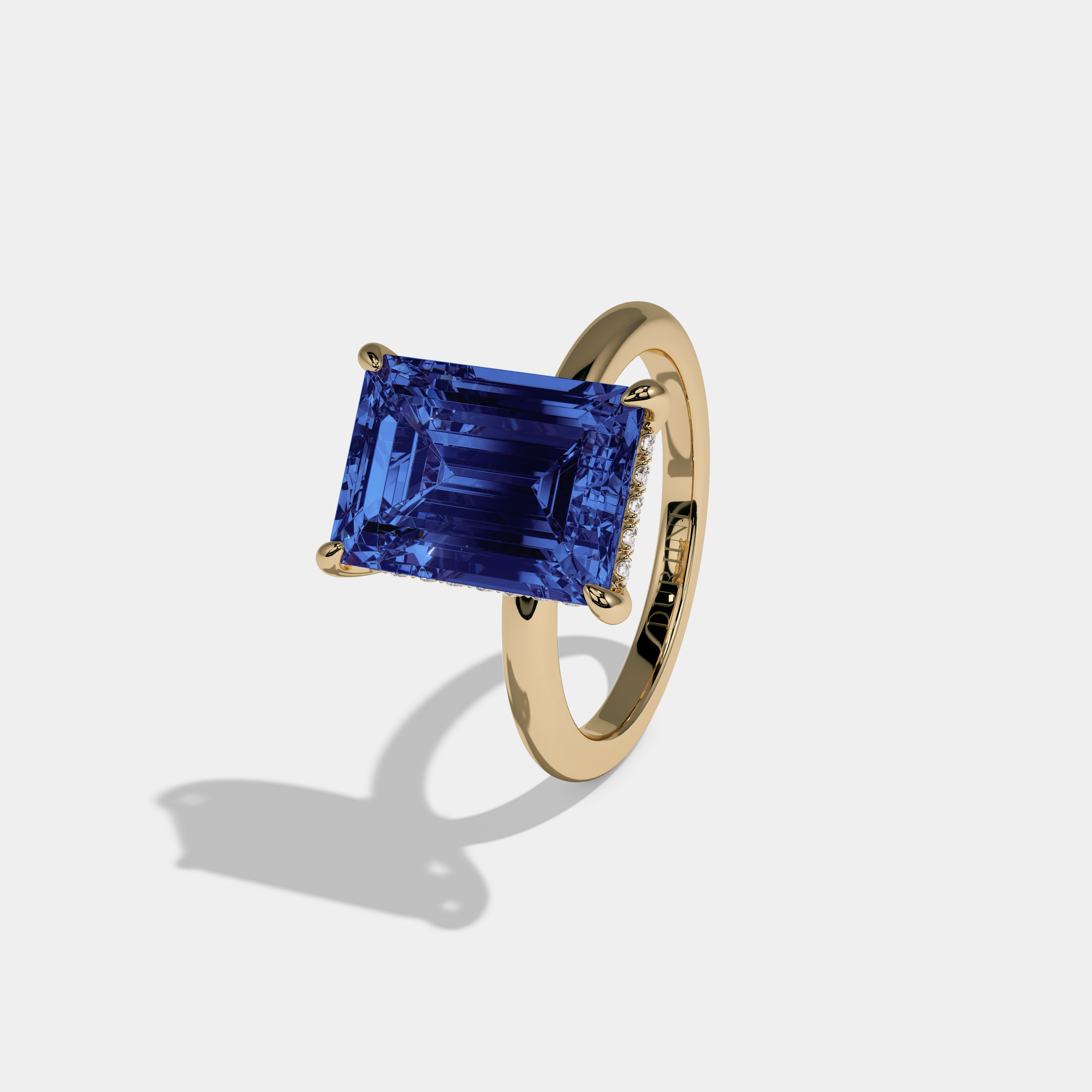 Augusta Fancy Dark Blue Emerald Cut Diamond Plain Band Engagement Ring 6.5ct 18K Yellow Gold