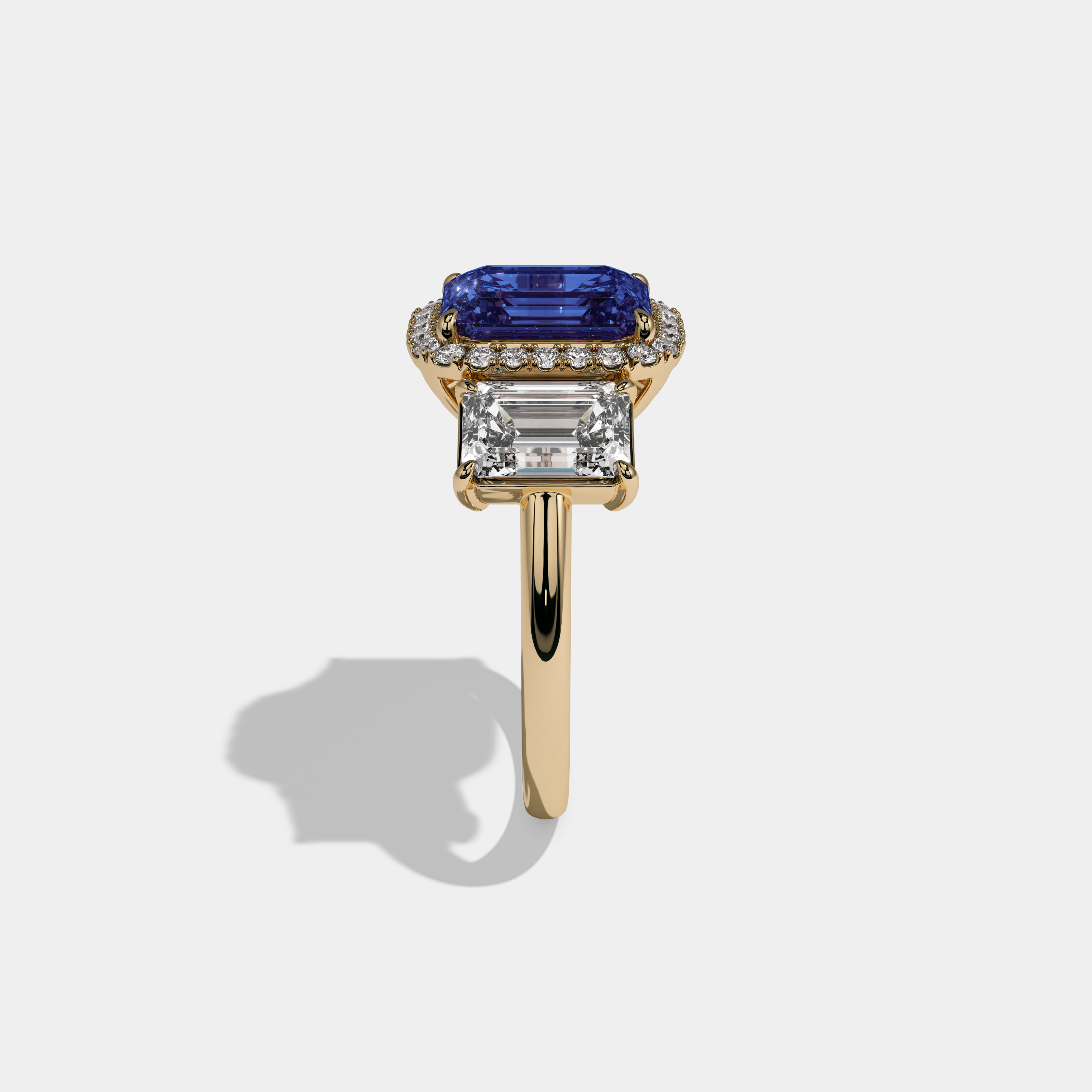 Mary Fancy Dark Blue Emerald Cut Diamond Plain Band With Emerald Cut Sides Engagement Ring 8ct 18K Yellow Gold