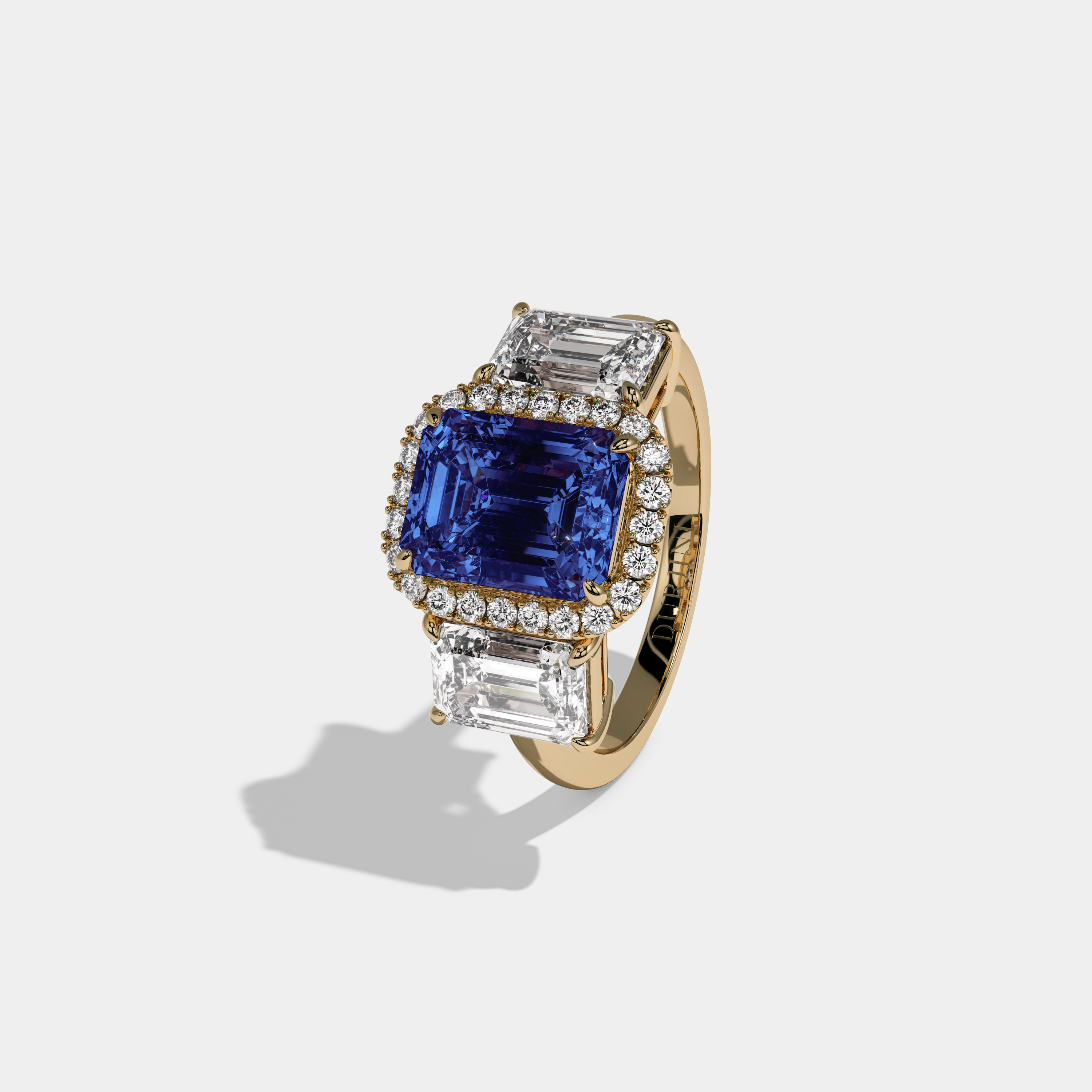 Mary Fancy Dark Blue Emerald Cut Diamond Plain Band With Emerald Cut Sides Engagement Ring 8ct 18K Yellow Gold