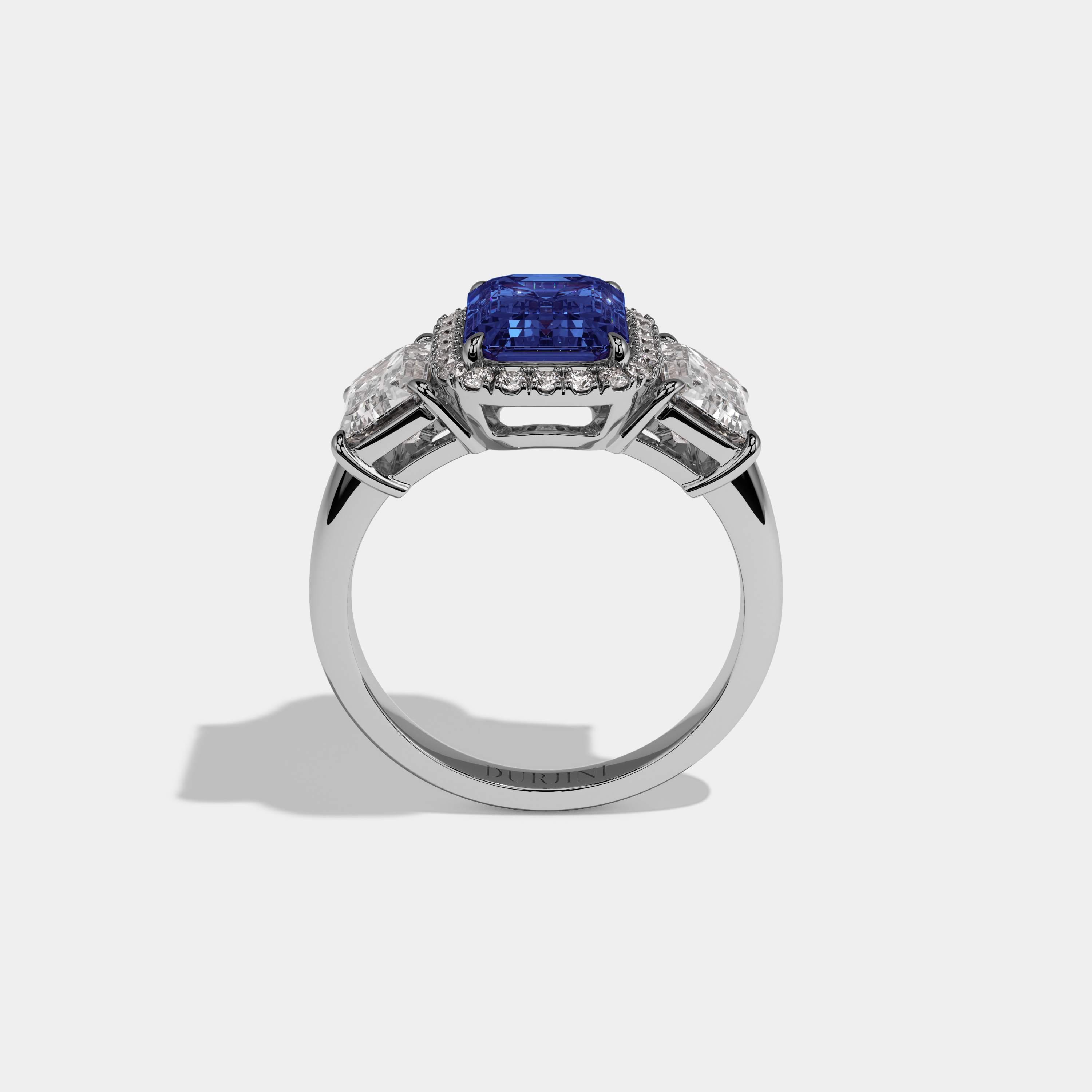 Matilda Fancy Dark Blue Emerald Cut Diamond Plain Band With Emerald Cut Sides Engagement Ring 8ct 18K White Gold