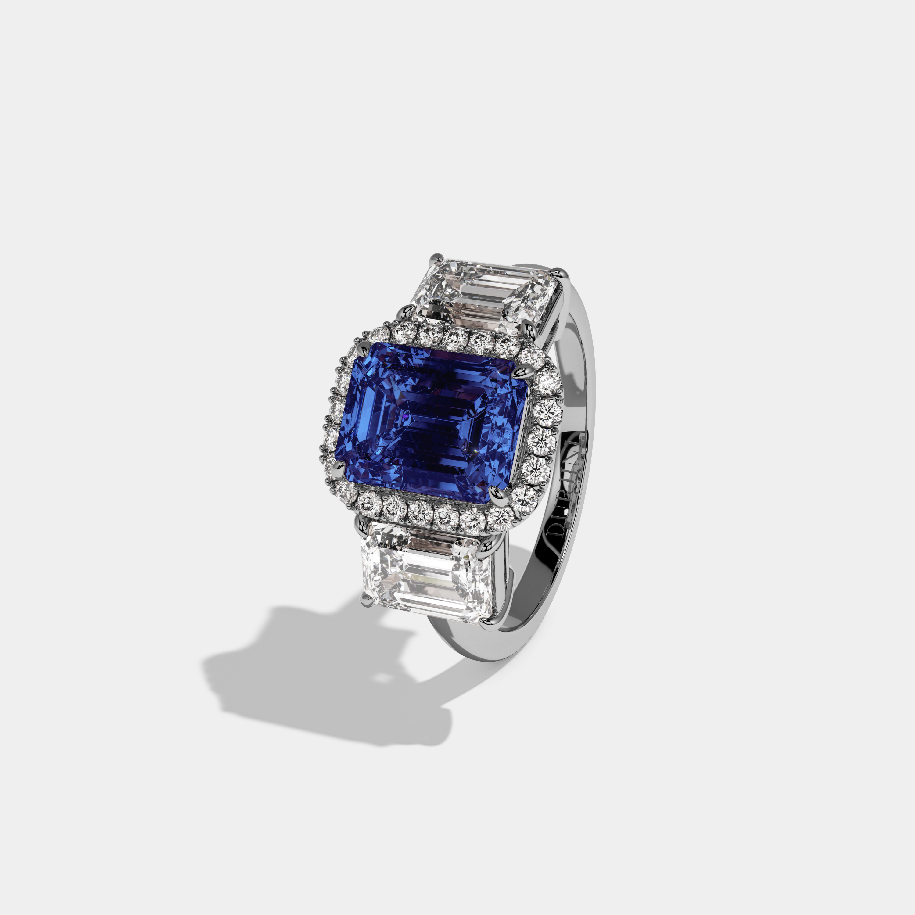 Matilda Fancy Dark Blue Emerald Cut Diamond Plain Band With Emerald Cut Sides Engagement Ring 8ct 18K White Gold