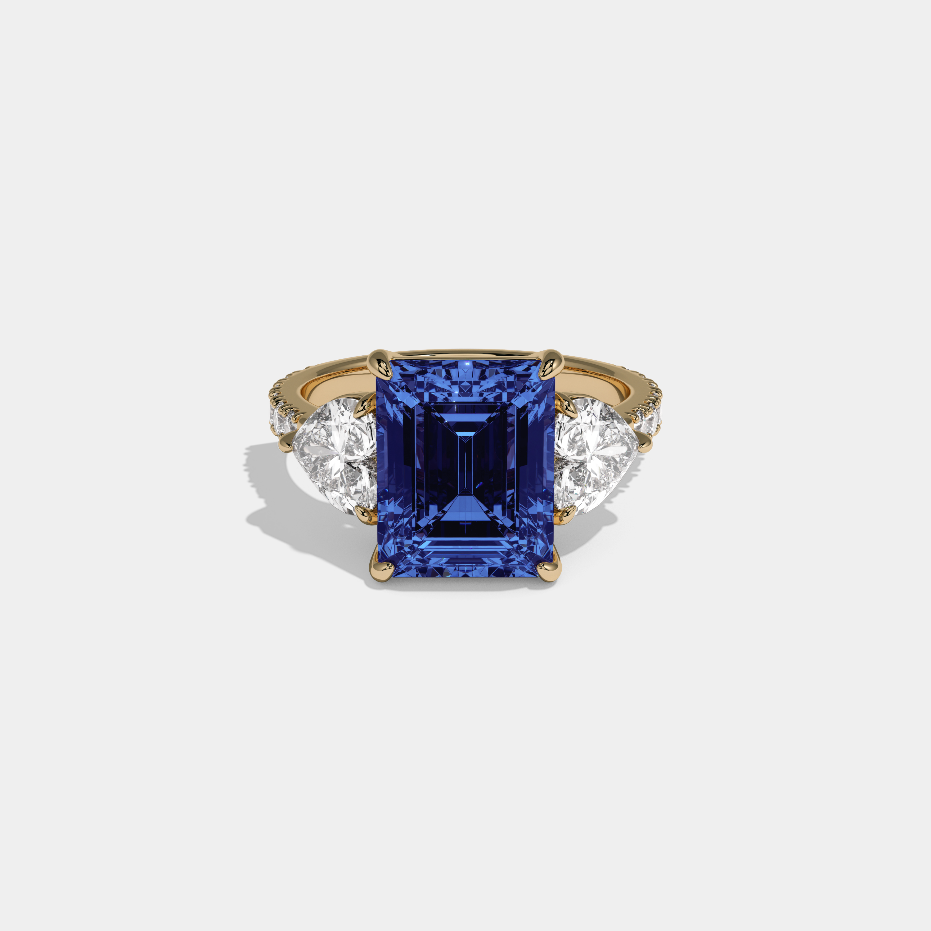 Mary Fancy Dark Blue Emerald Cut Diamond Band With Heart Cut Sides Engagement Ring 8ct 18K Yellow Gold