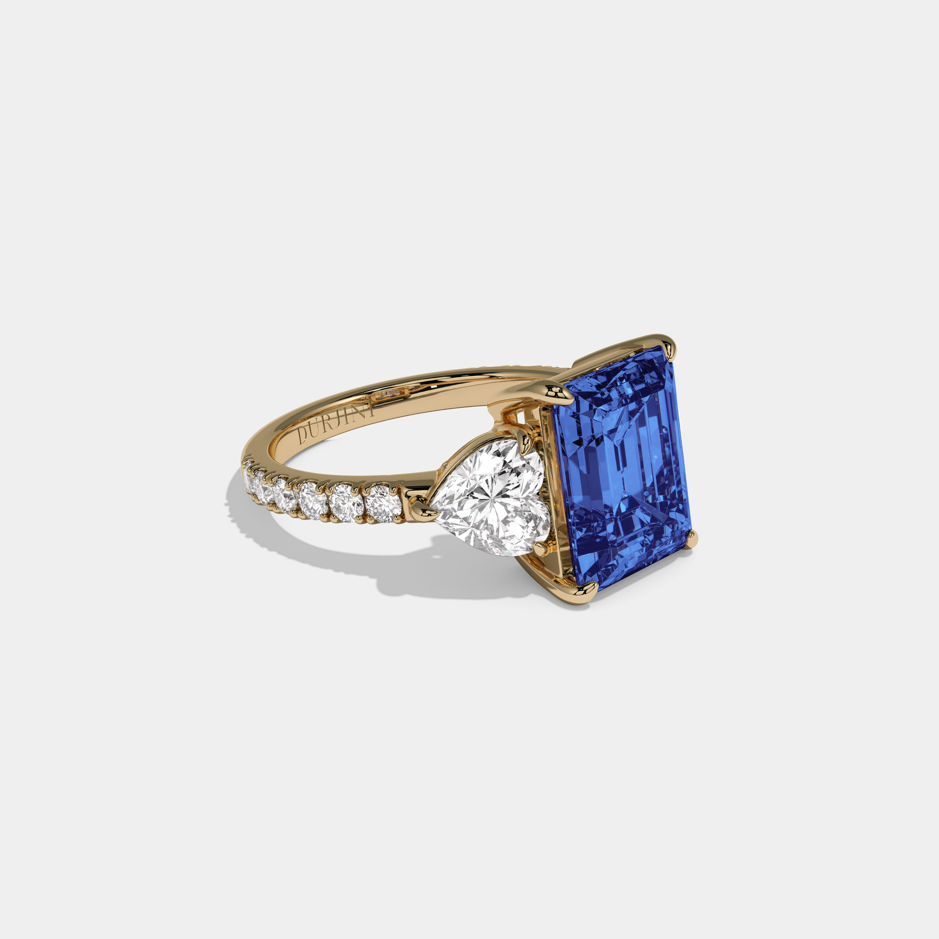 Mary Fancy Dark Blue Emerald Cut Diamond Band With Heart Cut Sides Engagement Ring 8ct 18K Yellow Gold