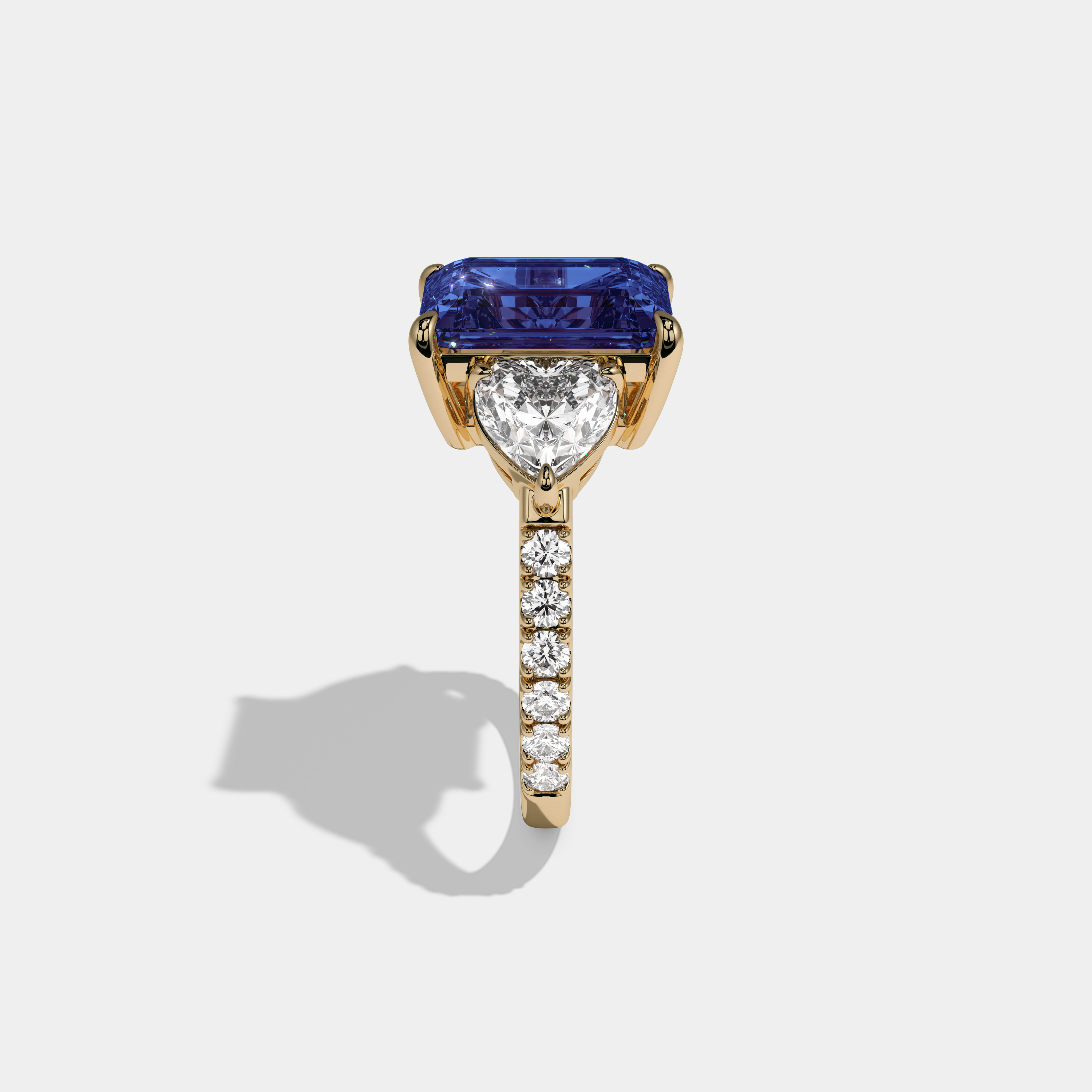 Mary Fancy Dark Blue Emerald Cut Diamond Band With Heart Cut Sides Engagement Ring 8ct 18K Yellow Gold