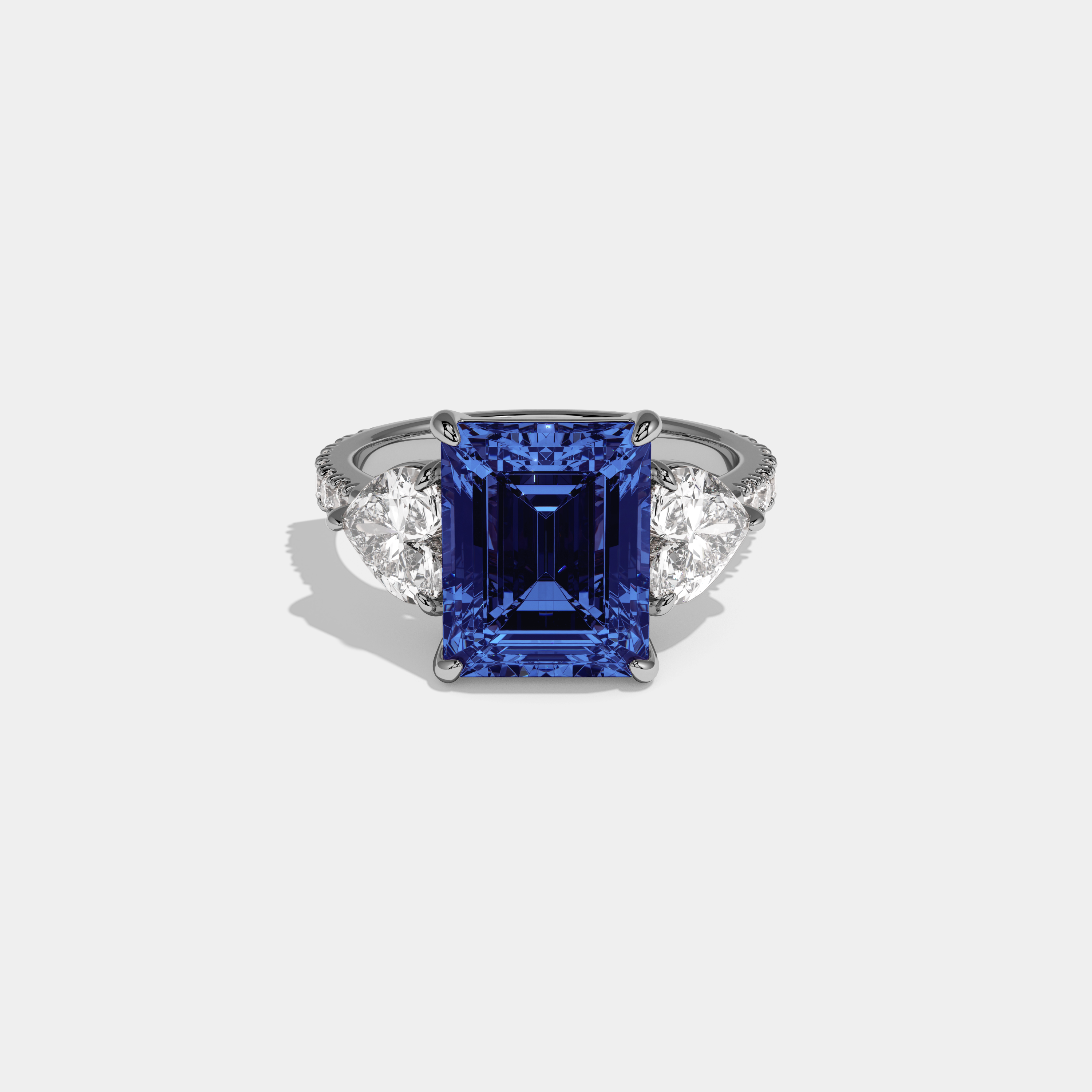 Sophia Fancy Dark Blue Emerald Cut Diamond Band With Heart Cut Sides Engagement Ring 8ct 18K White Gold
