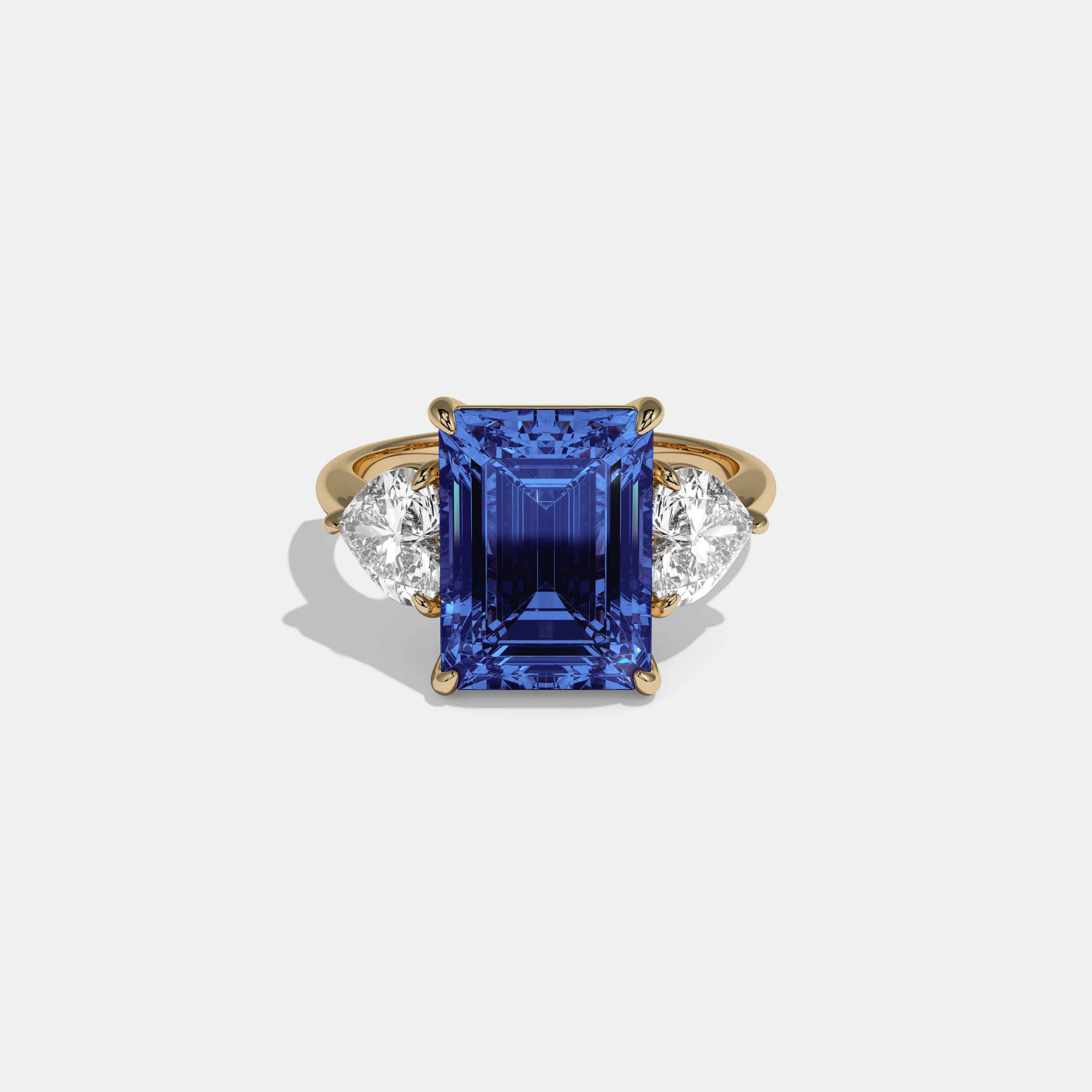 Mary Fancy Dark Blue Emerald Cut Diamond Plain Band With Heart Cut Sides Engagement Ring 8ct 18K Yellow Gold