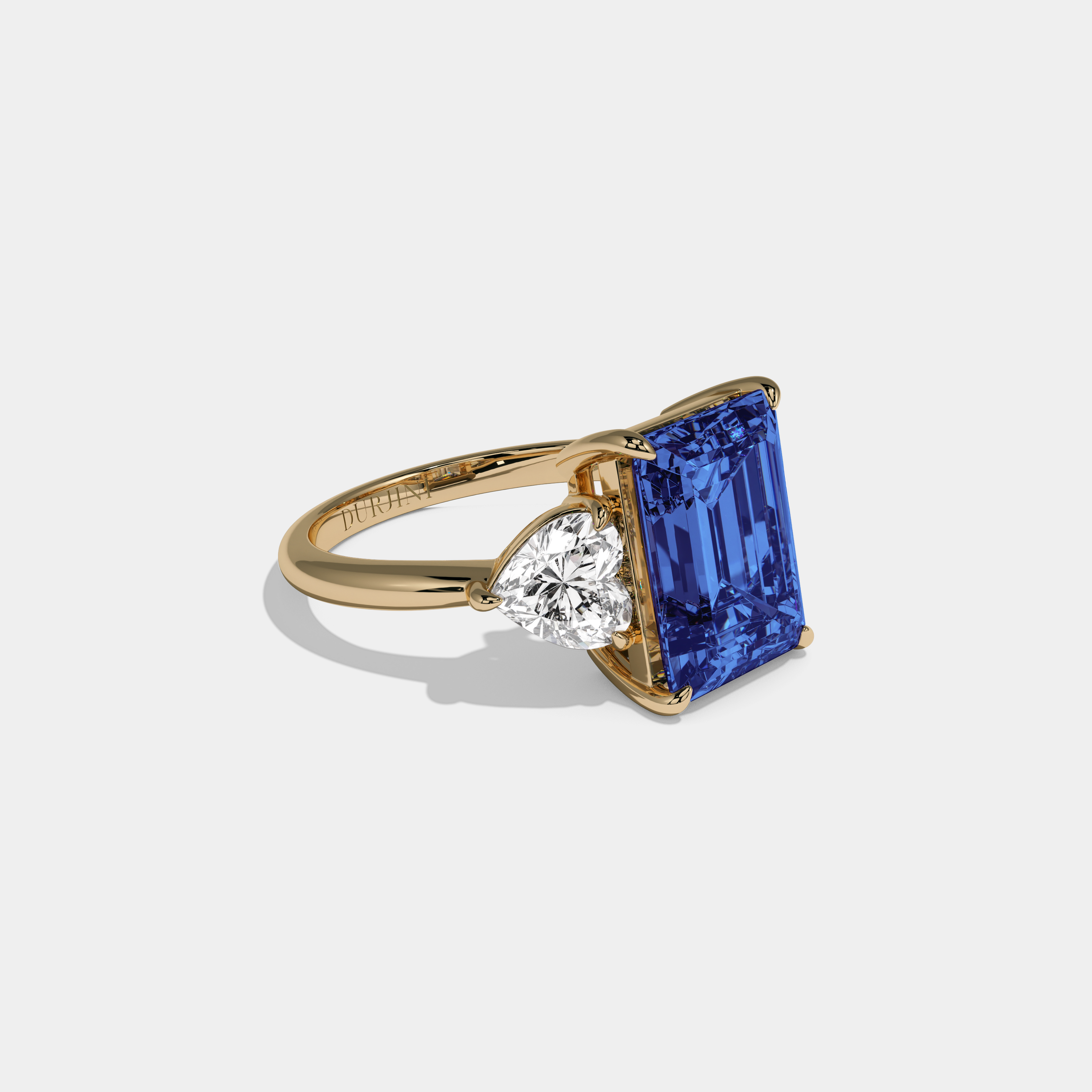 Mary Fancy Dark Blue Emerald Cut Diamond Plain Band With Heart Cut Sides Engagement Ring 8ct 18K Yellow Gold