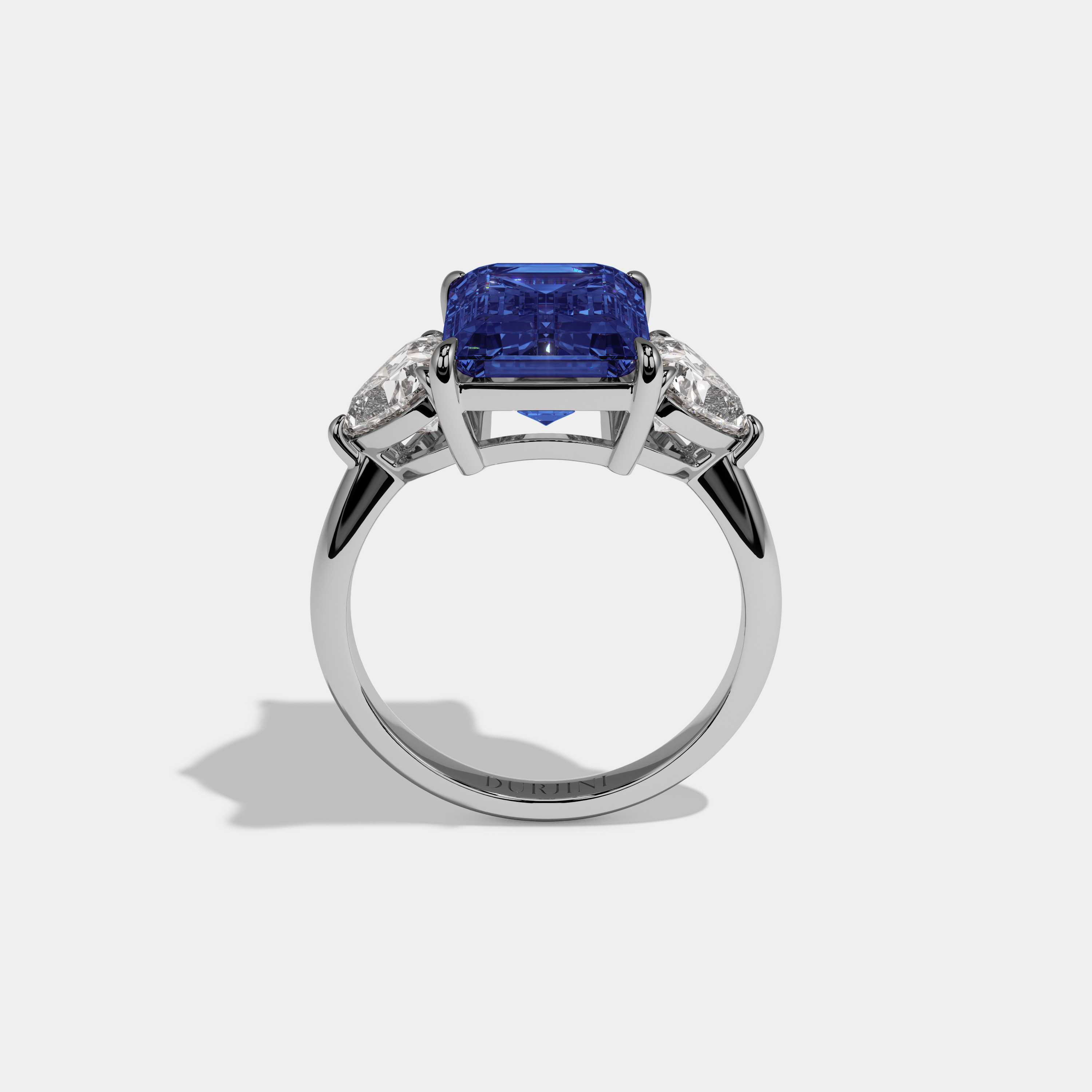 Sophia Fancy Dark Blue Emerald Cut Diamond Plain Band With Heart Cut Sides Engagement Ring 8ct 18K White Gold
