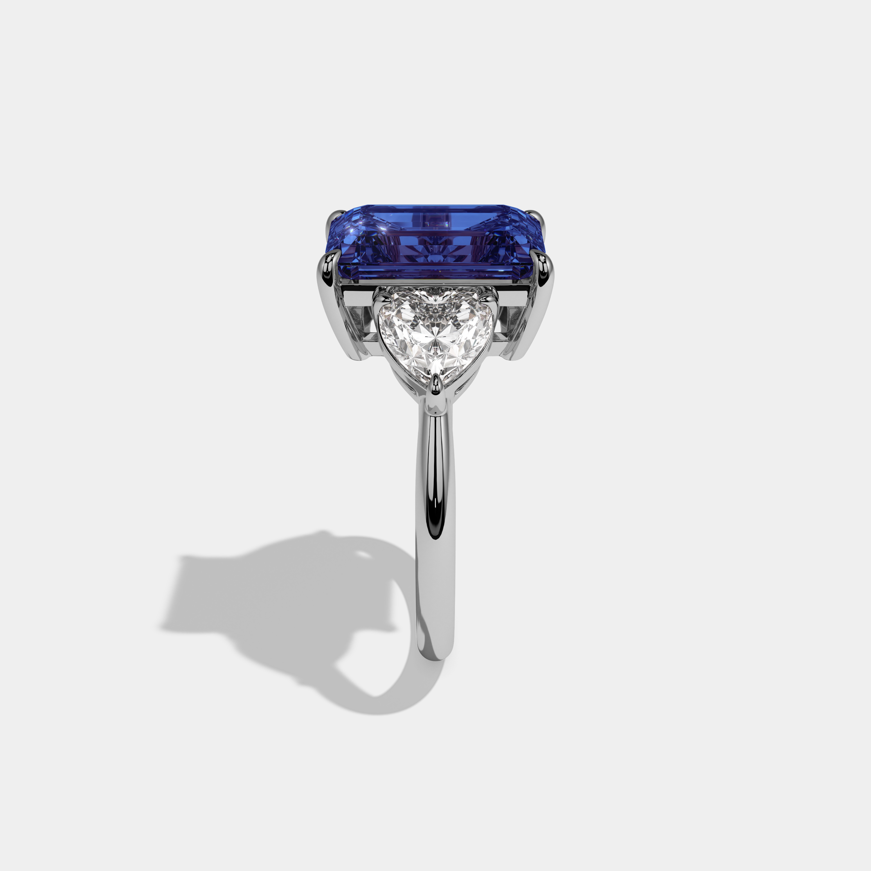 Sophia Fancy Dark Blue Emerald Cut Diamond Plain Band With Heart Cut Sides Engagement Ring 8ct 18K White Gold