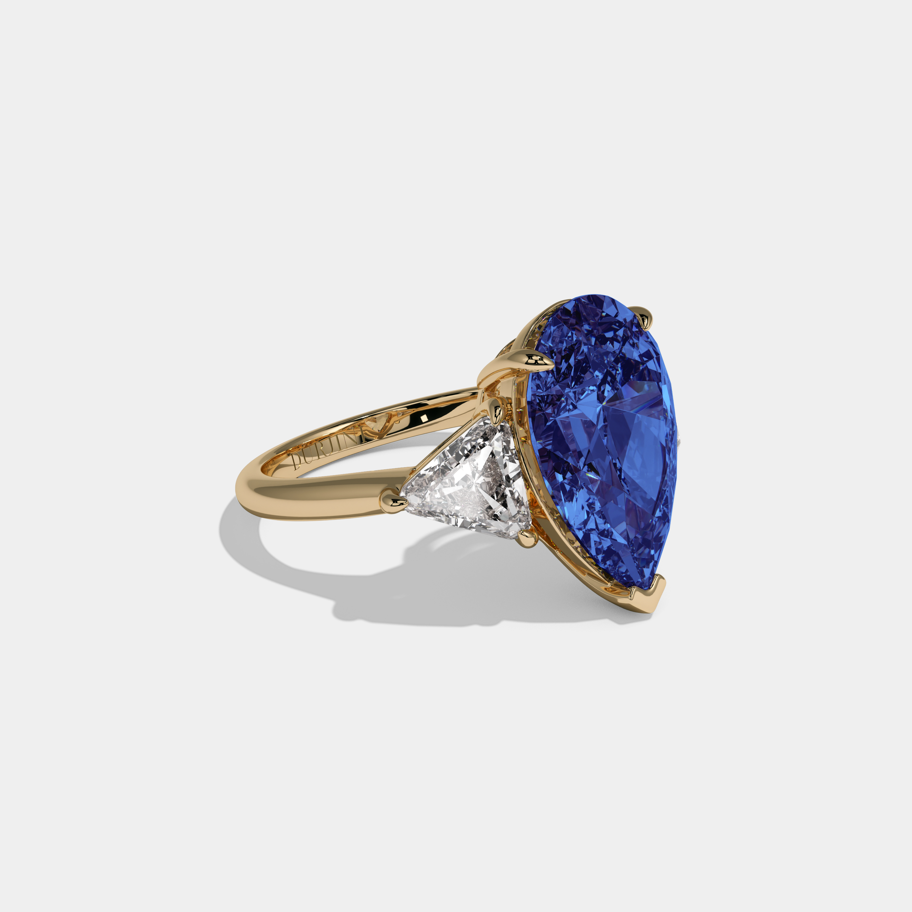 Mary Fancy Dark Blue Pear Cut Diamond Plain Band With Triangle Cut Sides Engagement Ring 8ct 18K Yellow Gold