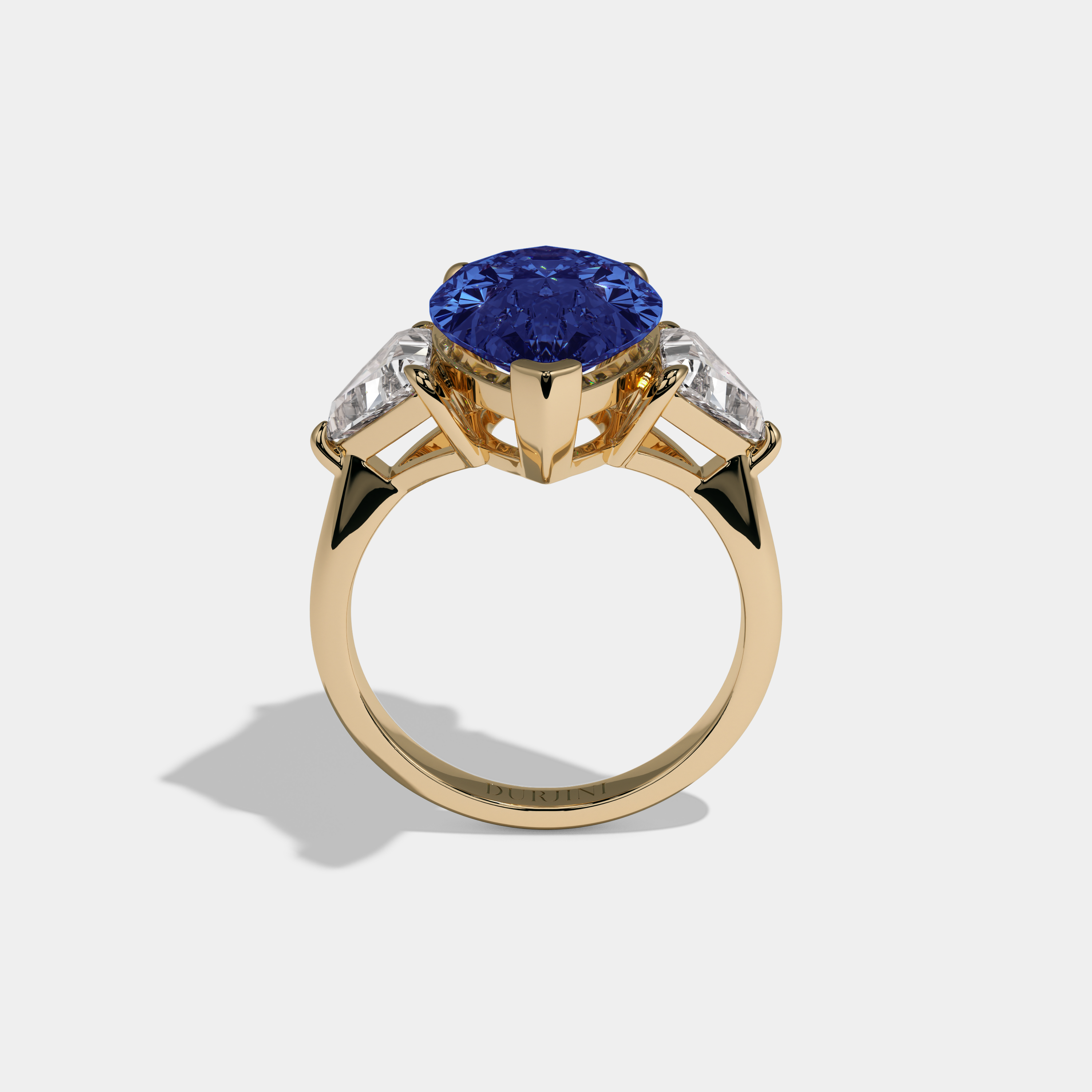 Mary Fancy Dark Blue Pear Cut Diamond Plain Band With Triangle Cut Sides Engagement Ring 8ct 18K Yellow Gold