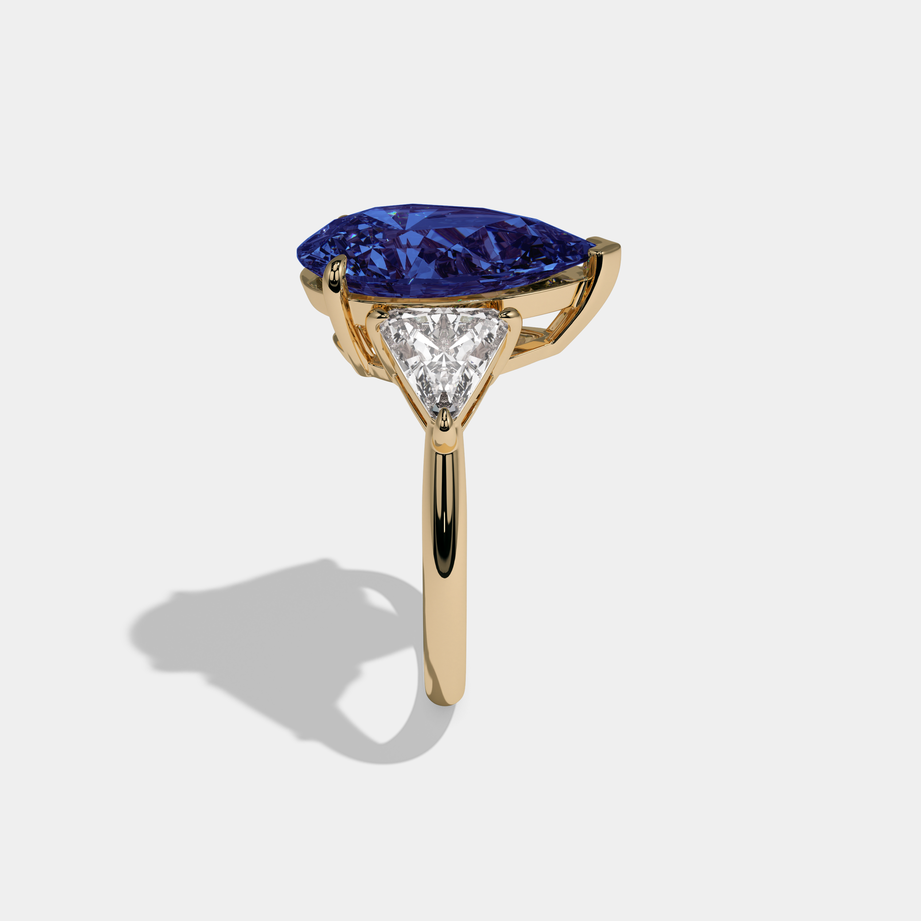 Mary Fancy Dark Blue Pear Cut Diamond Plain Band With Triangle Cut Sides Engagement Ring 8ct 18K Yellow Gold