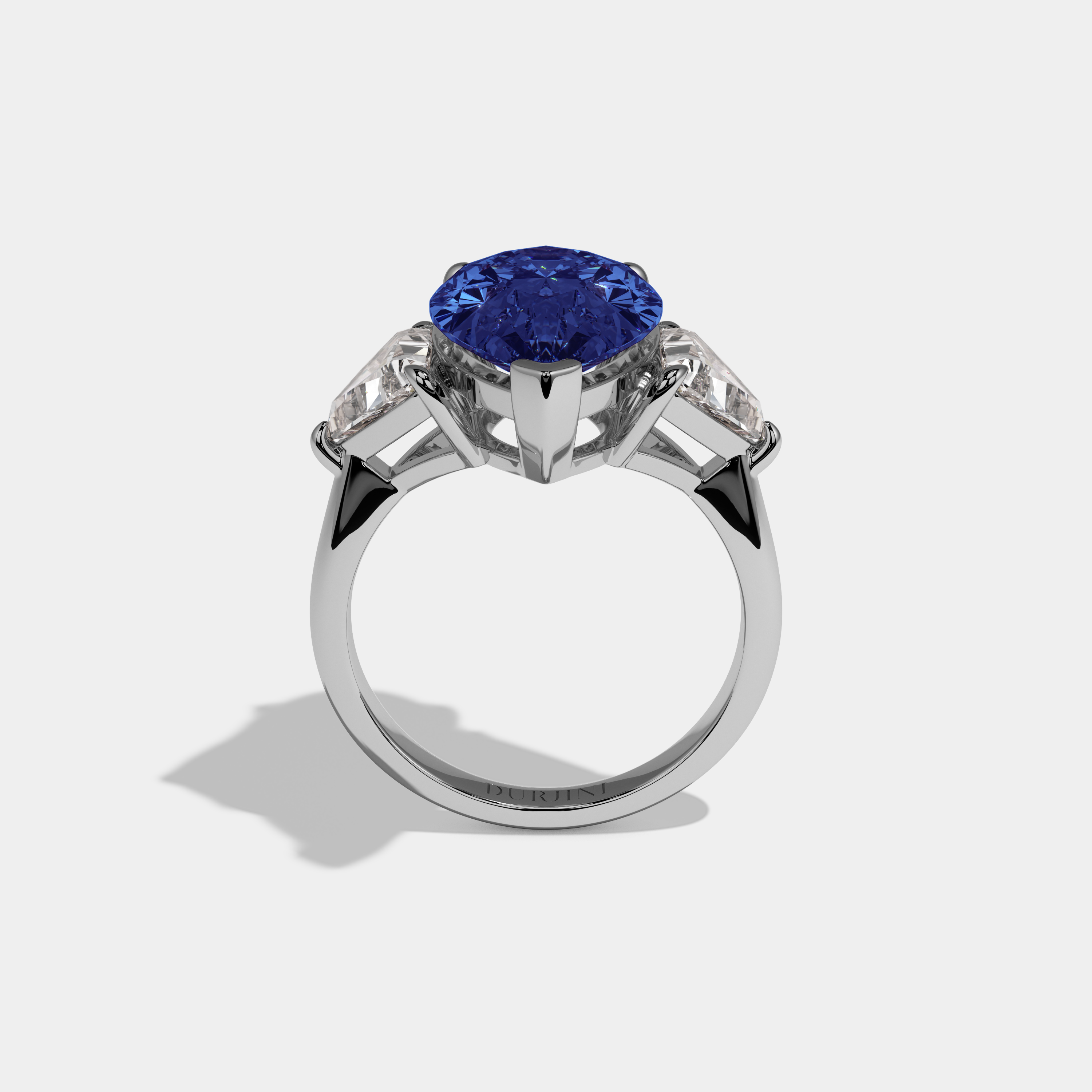 Matilda Fancy Dark Blue Pear Cut Diamond Plain Band With Triangle Cut Sides Engagement Ring 8ct 18K White Gold