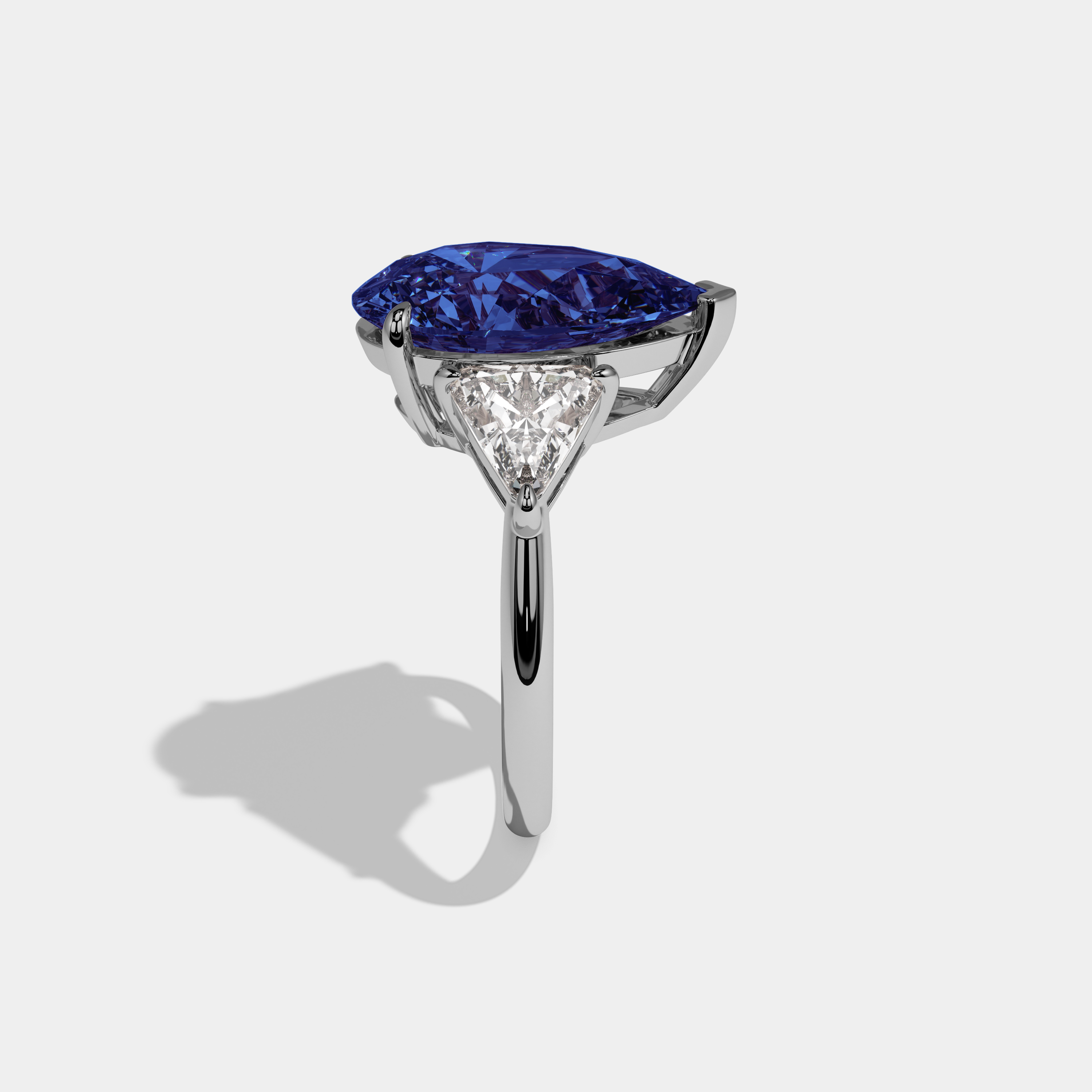 Matilda Fancy Dark Blue Pear Cut Diamond Plain Band With Triangle Cut Sides Engagement Ring 8ct 18K White Gold