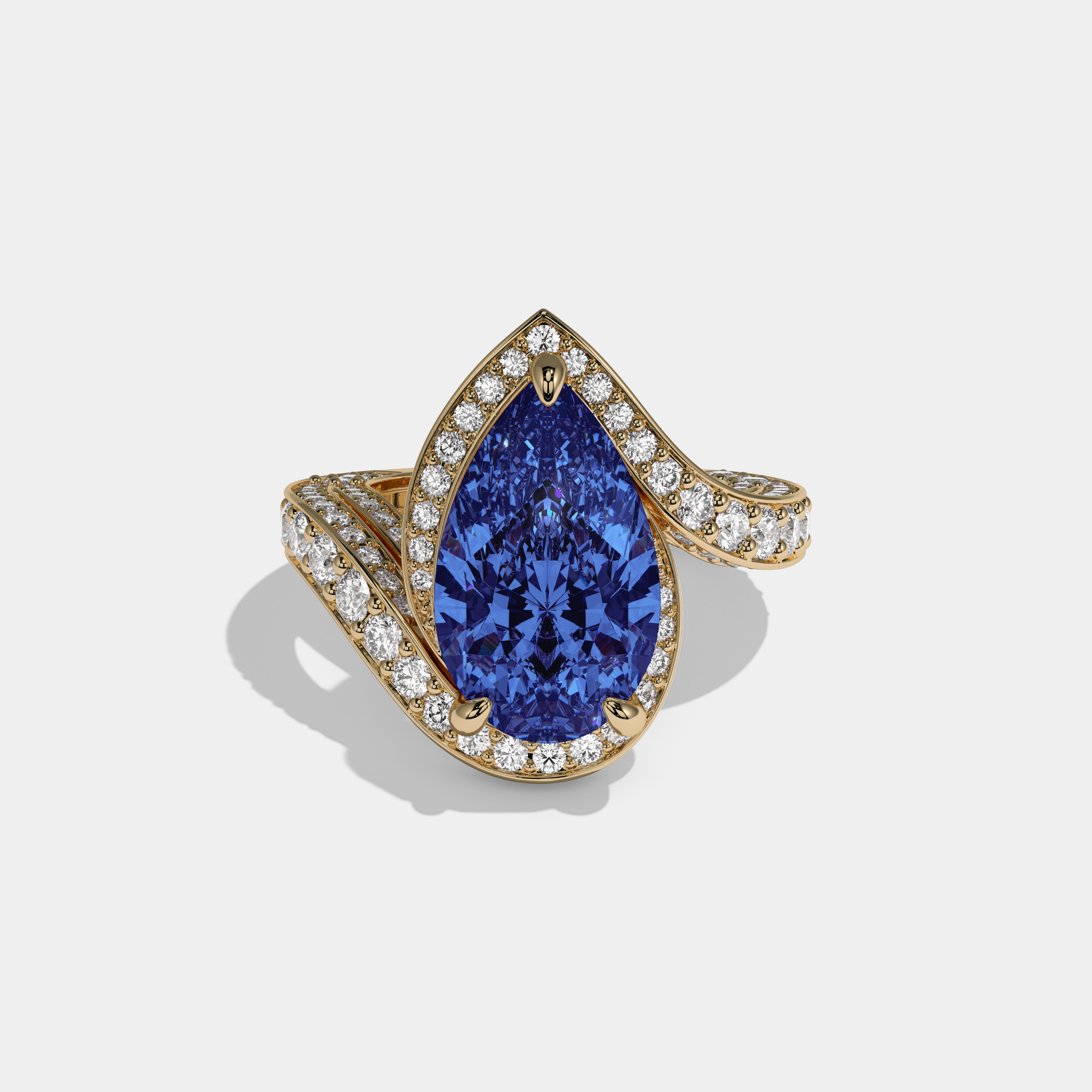 Mary Fancy Dark Blue Pear Cut Diamond Band Engagement Ring 8ct 18K Yellow Gold