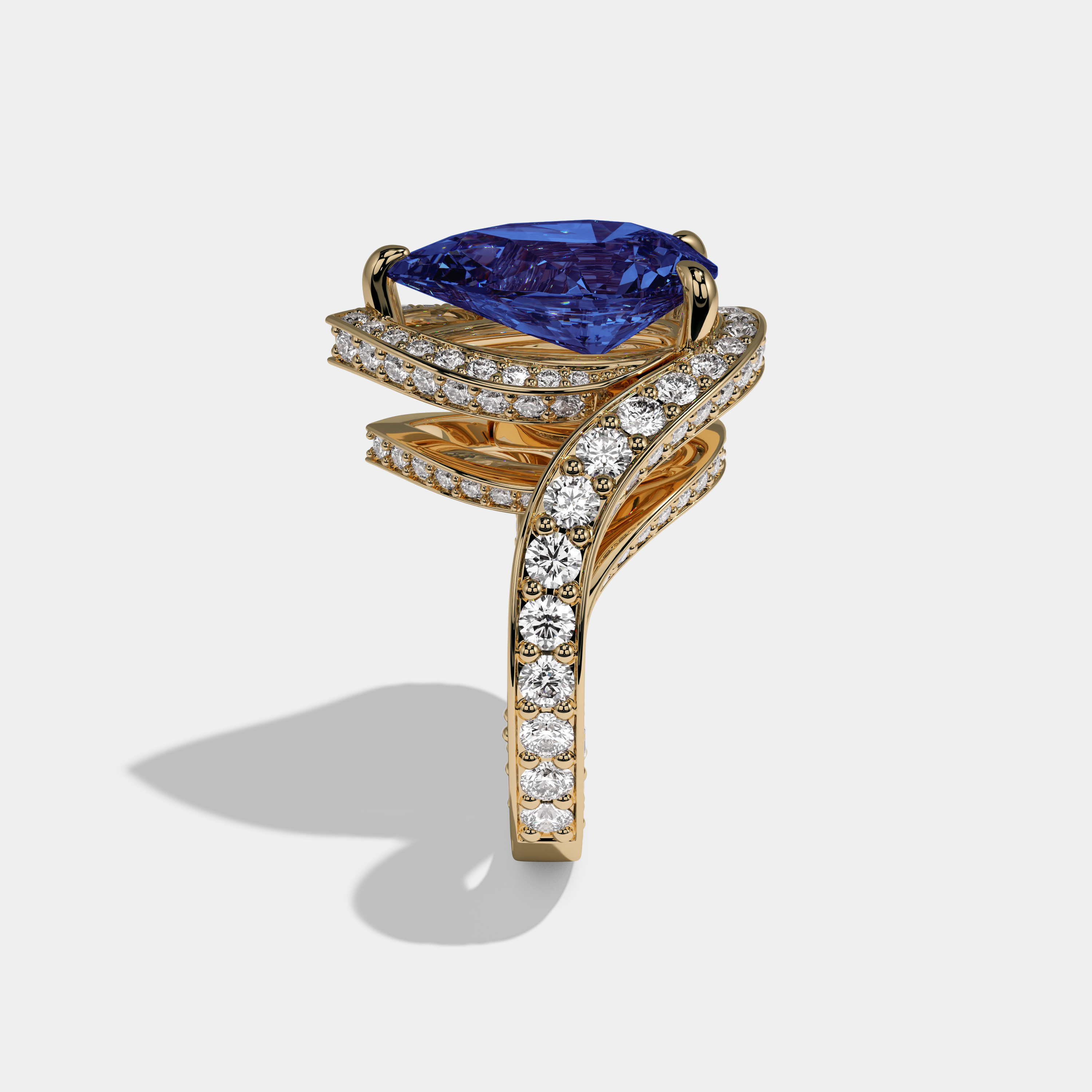 Mary Fancy Dark Blue Pear Cut Diamond Band Engagement Ring 8ct 18K Yellow Gold