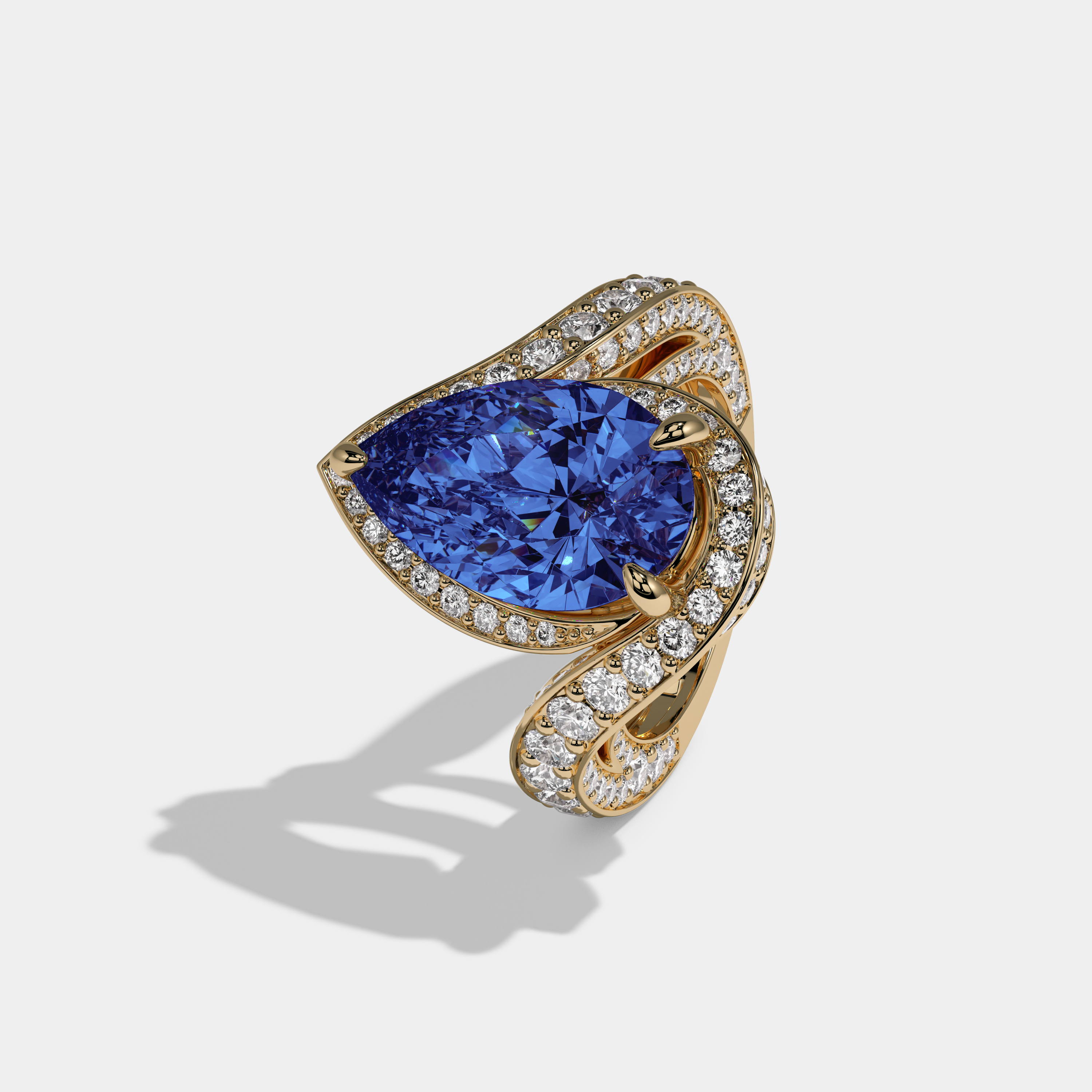 Mary Fancy Dark Blue Pear Cut Diamond Band Engagement Ring 8ct 18K Yellow Gold