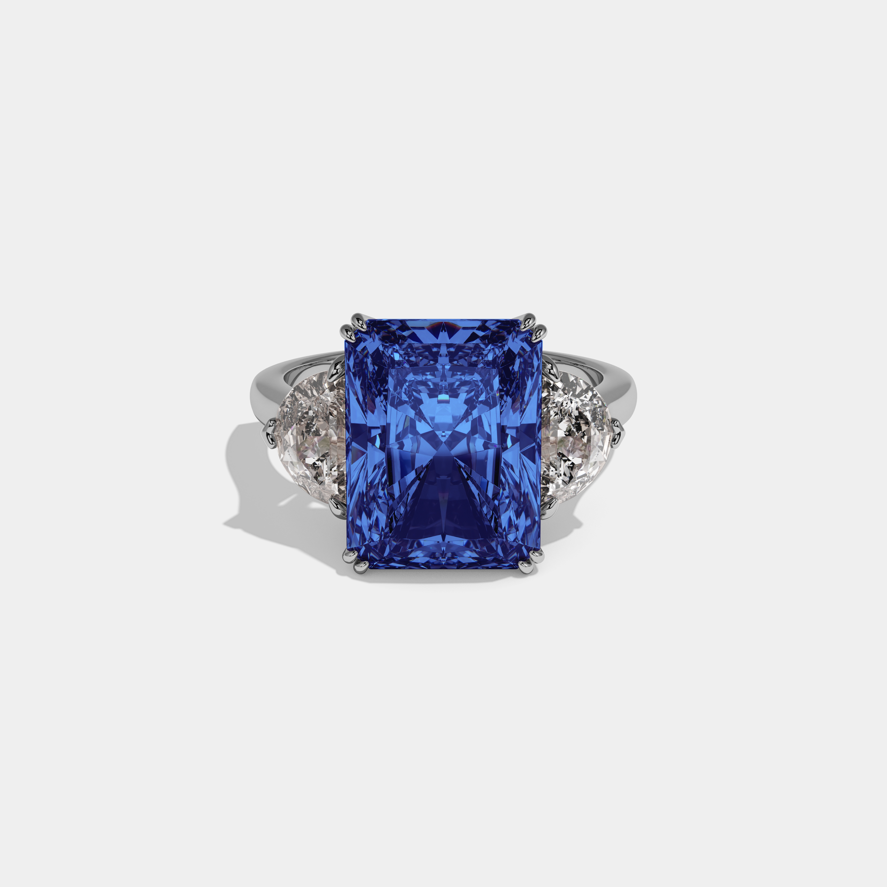 Sophia Fancy Dark Blue Radiant Cut Diamond Plain Band With Half Moon Sides Engagement Ring 8ct 18K White Gold