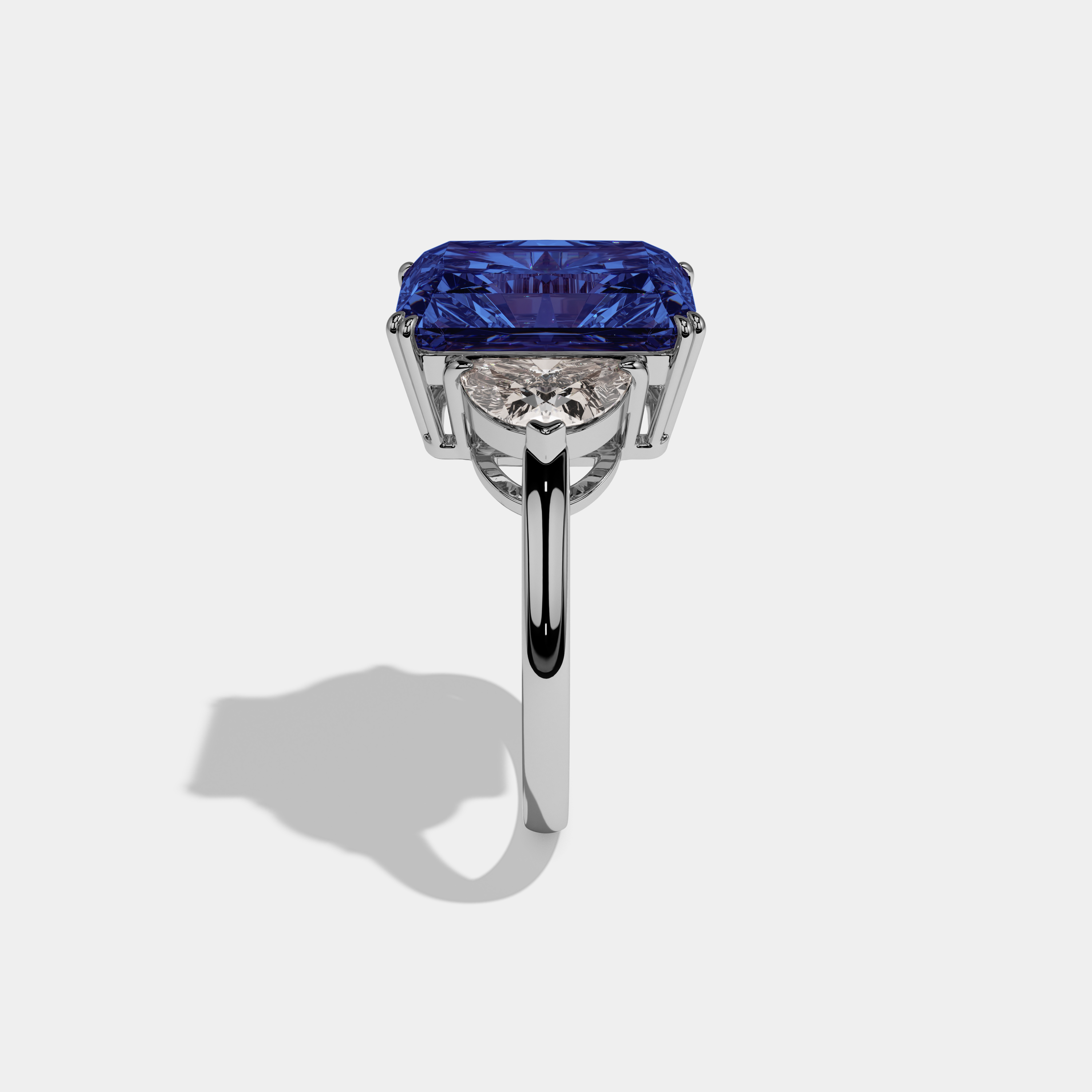 Sophia Fancy Dark Blue Radiant Cut Diamond Plain Band With Half Moon Sides Engagement Ring 8ct 18K White Gold