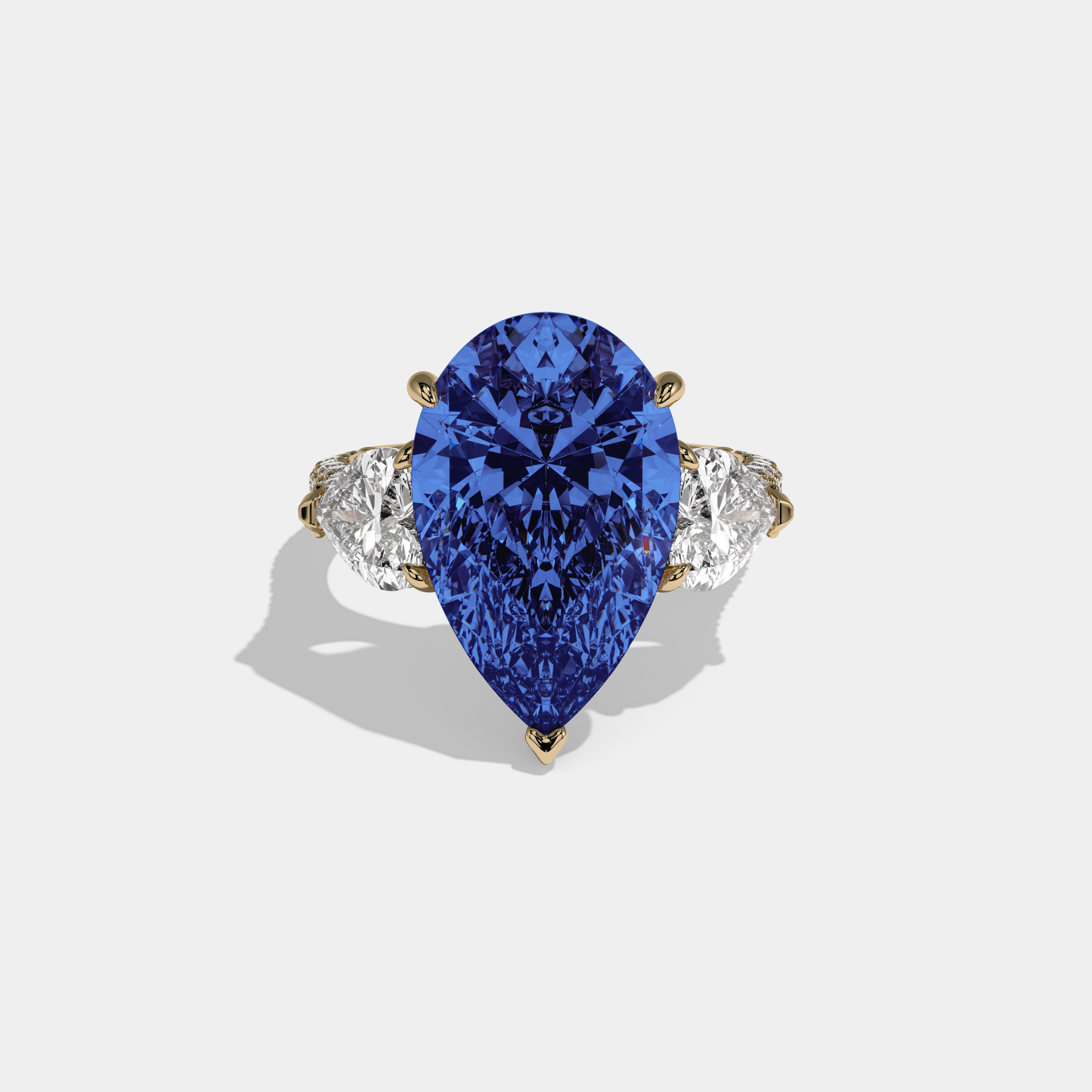 Augusta Fancy Dark Blue Pear Cut Diamond Band With Heart Cut Sides Engagement Ring 9ct 18K Yellow Gold