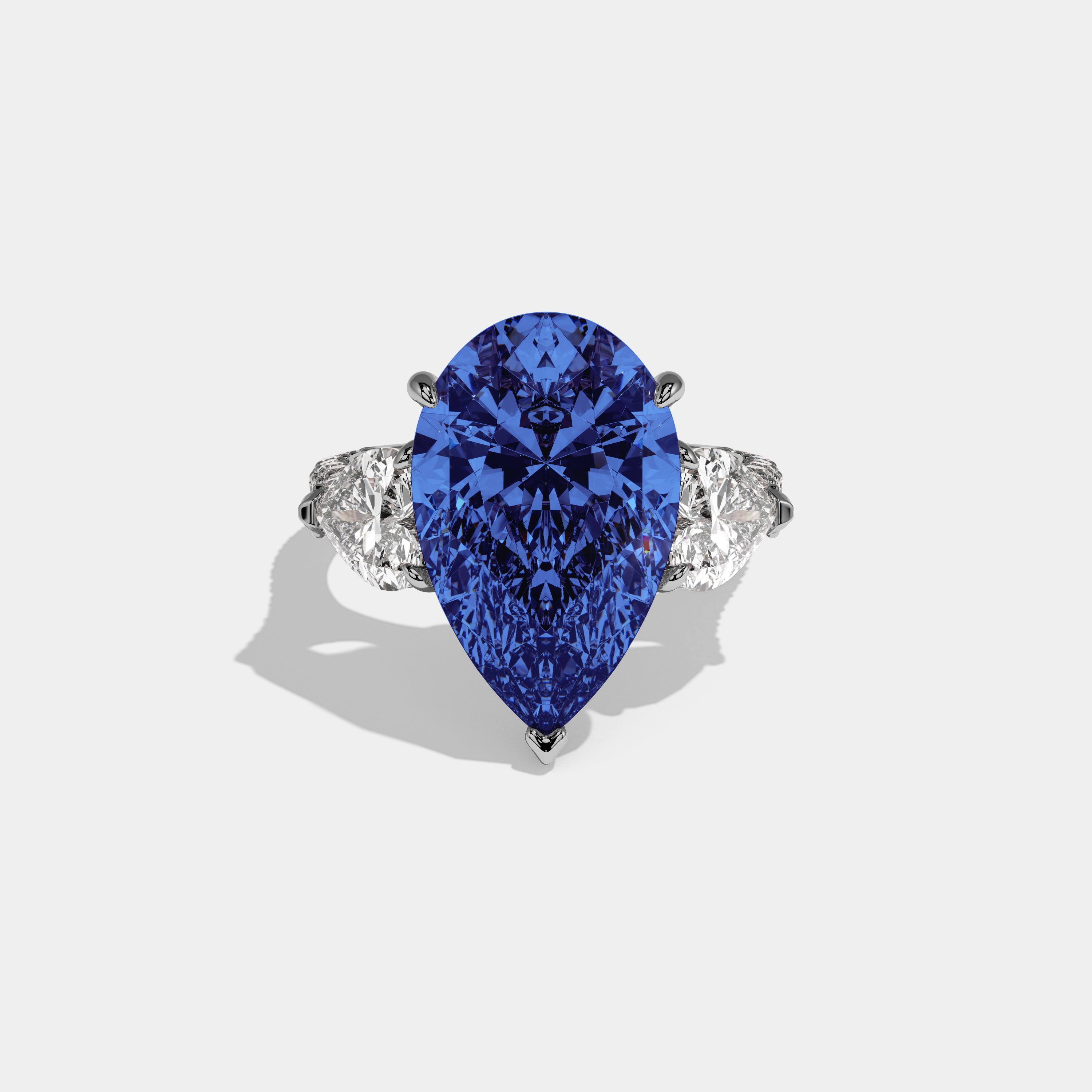 Louise Fancy Dark Blue Pear Cut Diamond Band With Heart Cut Sides Engagement Ring 9ct 18K White Gold