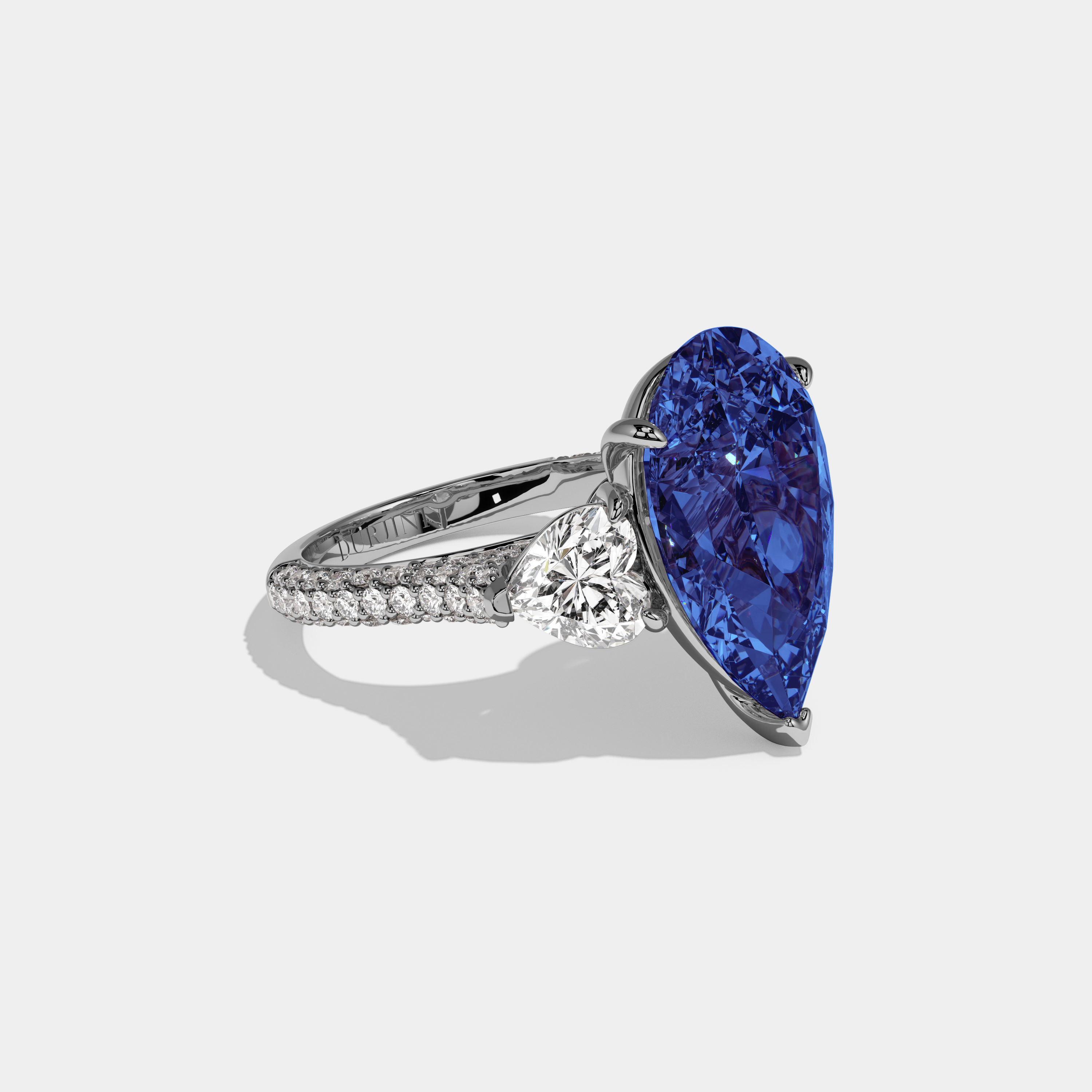 Louise Fancy Dark Blue Pear Cut Diamond Band With Heart Cut Sides Engagement Ring 9ct 18K White Gold