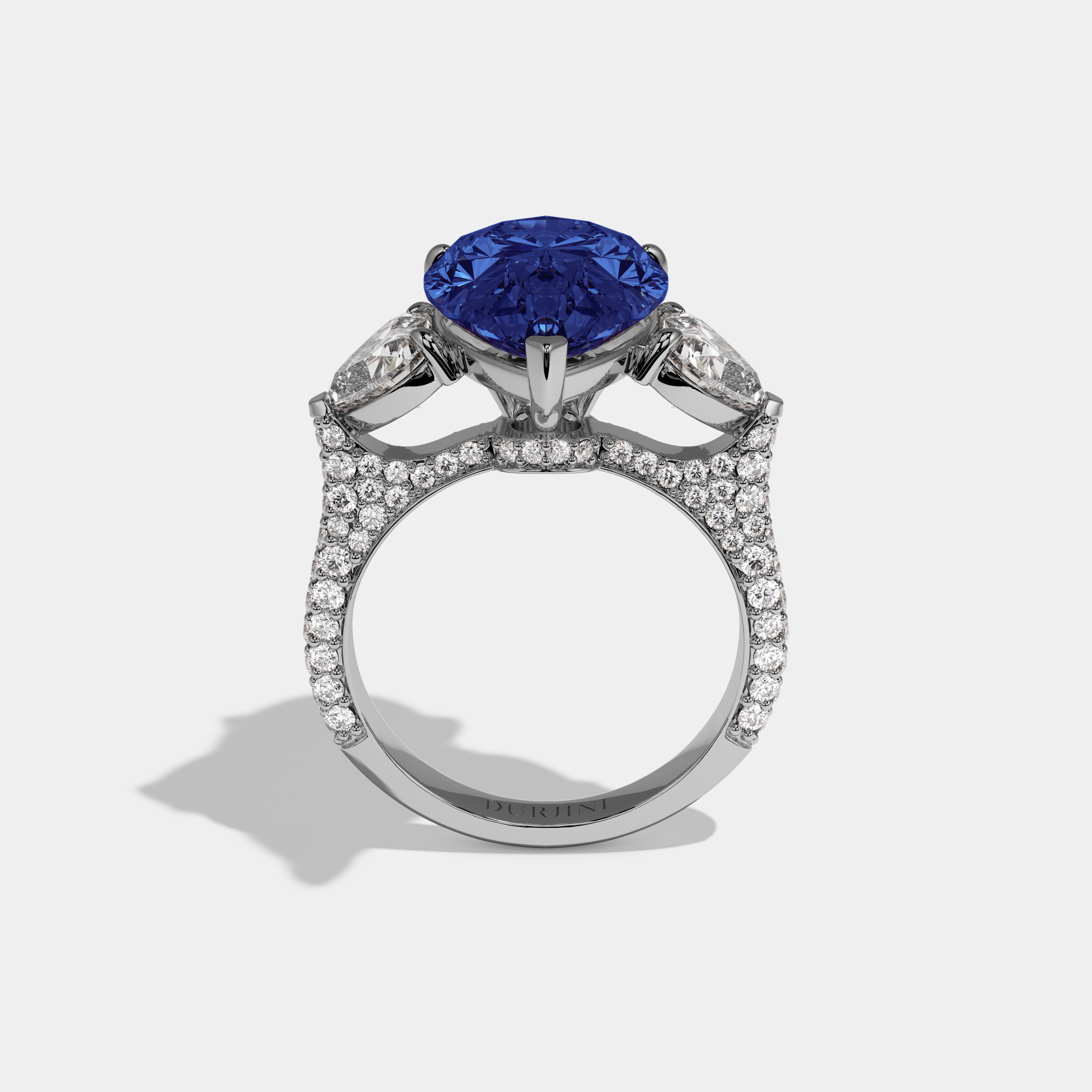 Louise Fancy Dark Blue Pear Cut Diamond Band With Heart Cut Sides Engagement Ring 9ct 18K White Gold