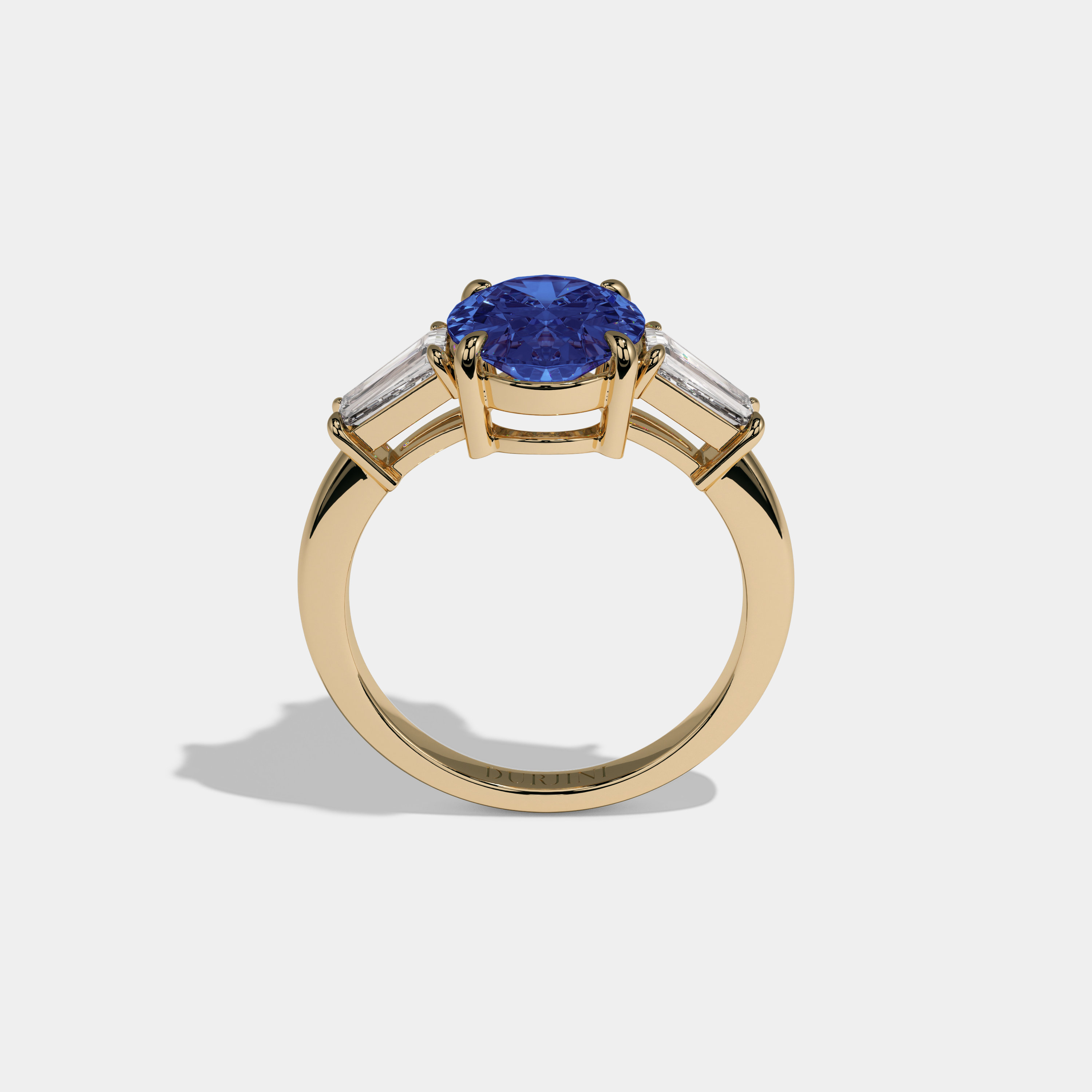 Mary Fancy Dark Blue Oval Cut Diamond Plain Band Engagement Ring With Baguette Cut Sides 6ct 18K Yellow Gold