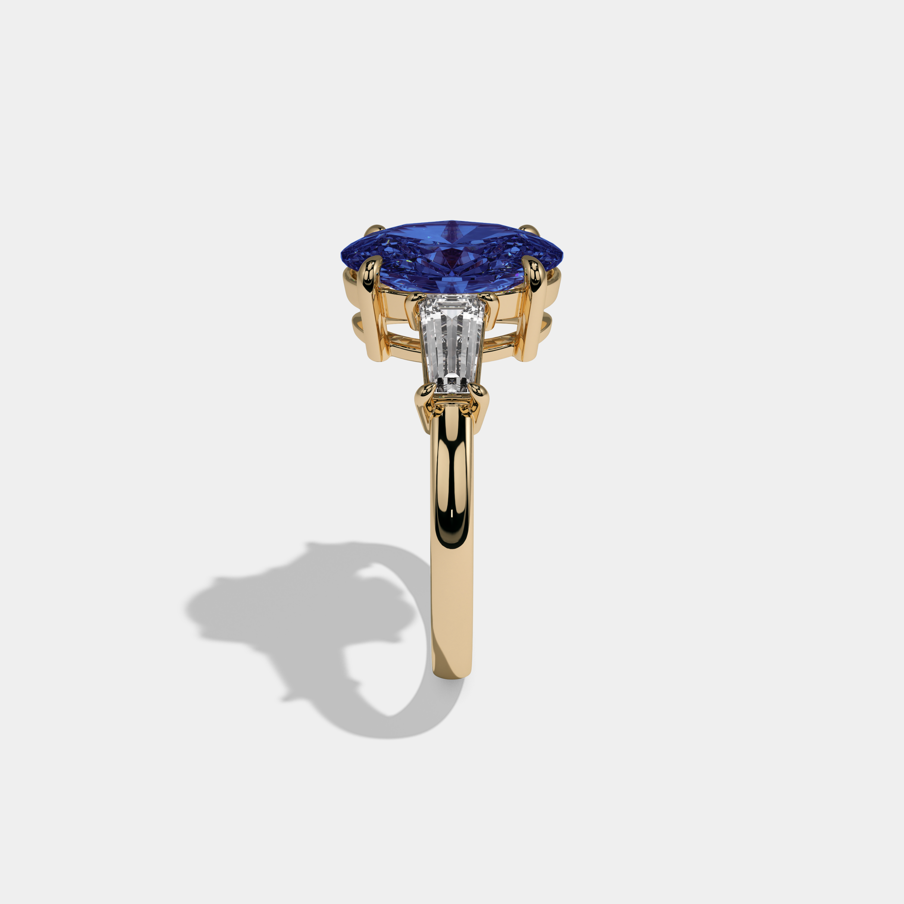Mary Fancy Dark Blue Oval Cut Diamond Plain Band Engagement Ring With Baguette Cut Sides 6ct 18K Yellow Gold