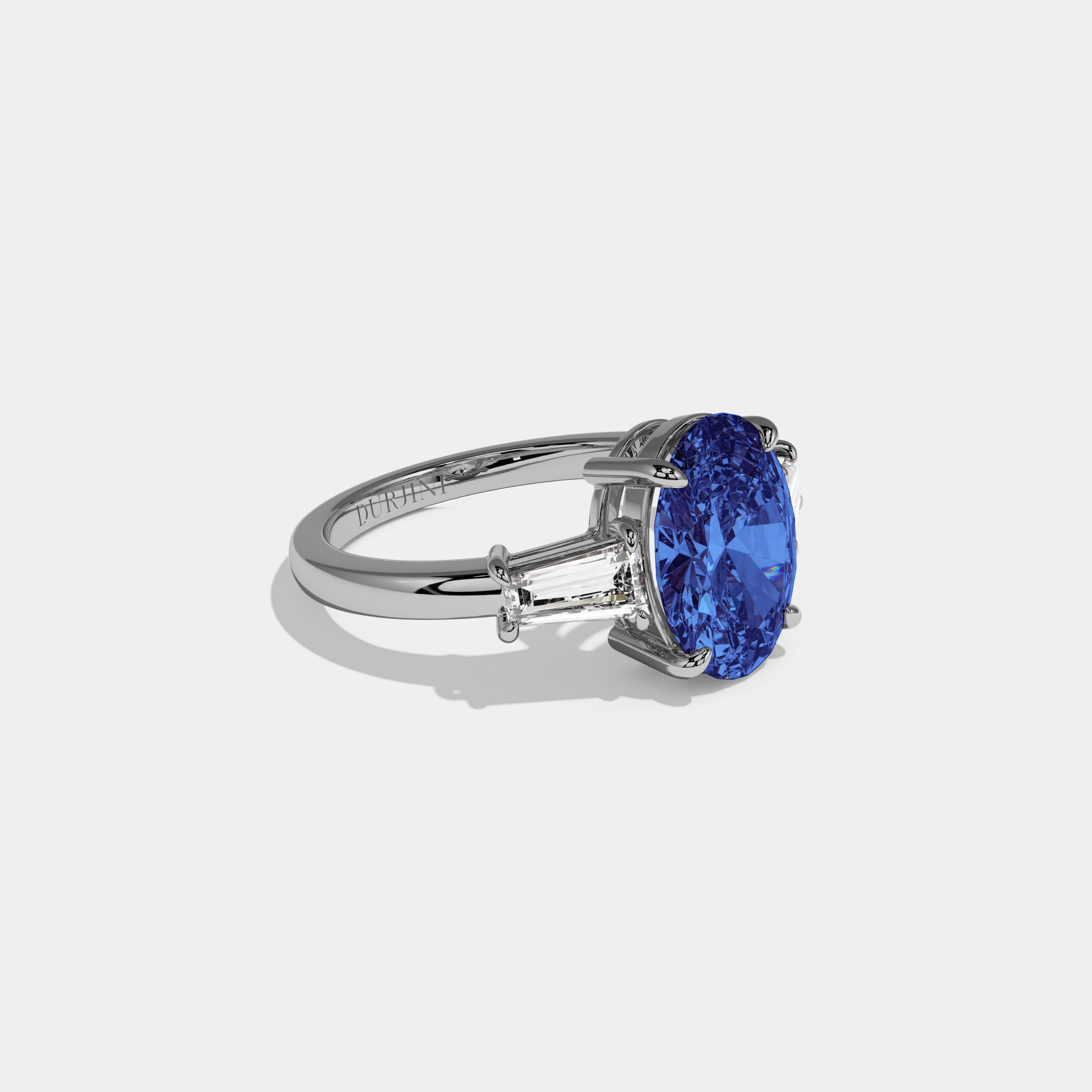 Sophia Fancy Dark Blue Oval Cut Diamond Plain Band Engagement Ring With Baguette Cut Sides 6ct 18K White Gold
