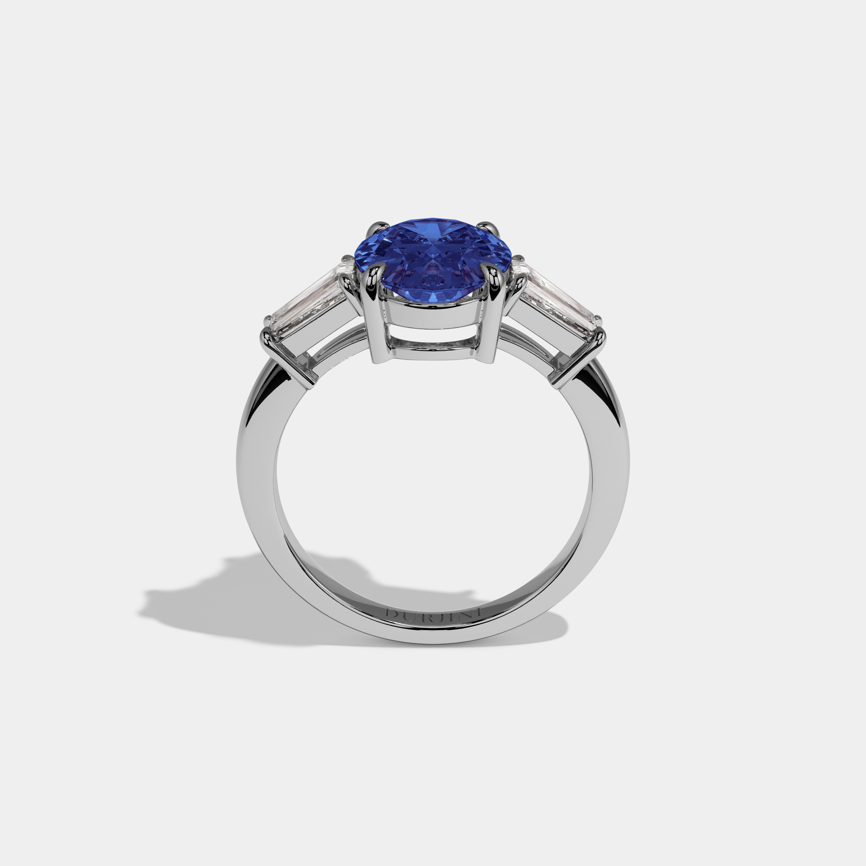 Sophia Fancy Dark Blue Oval Cut Diamond Plain Band Engagement Ring With Baguette Cut Sides 6ct 18K White Gold